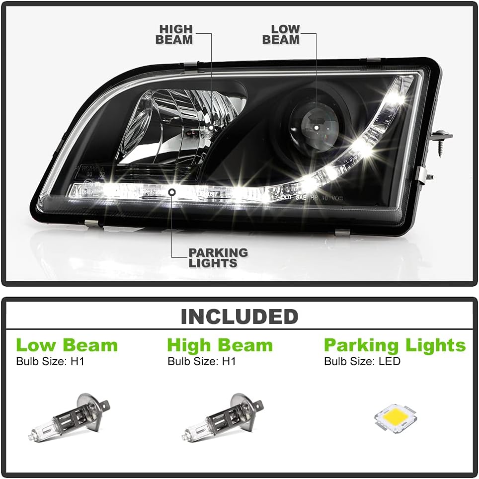 ACANII - For 2000-2003 Volvo S40 V40 LED DRL Black Housing Projector Headlights Headlamps, Driver & Passenger Side