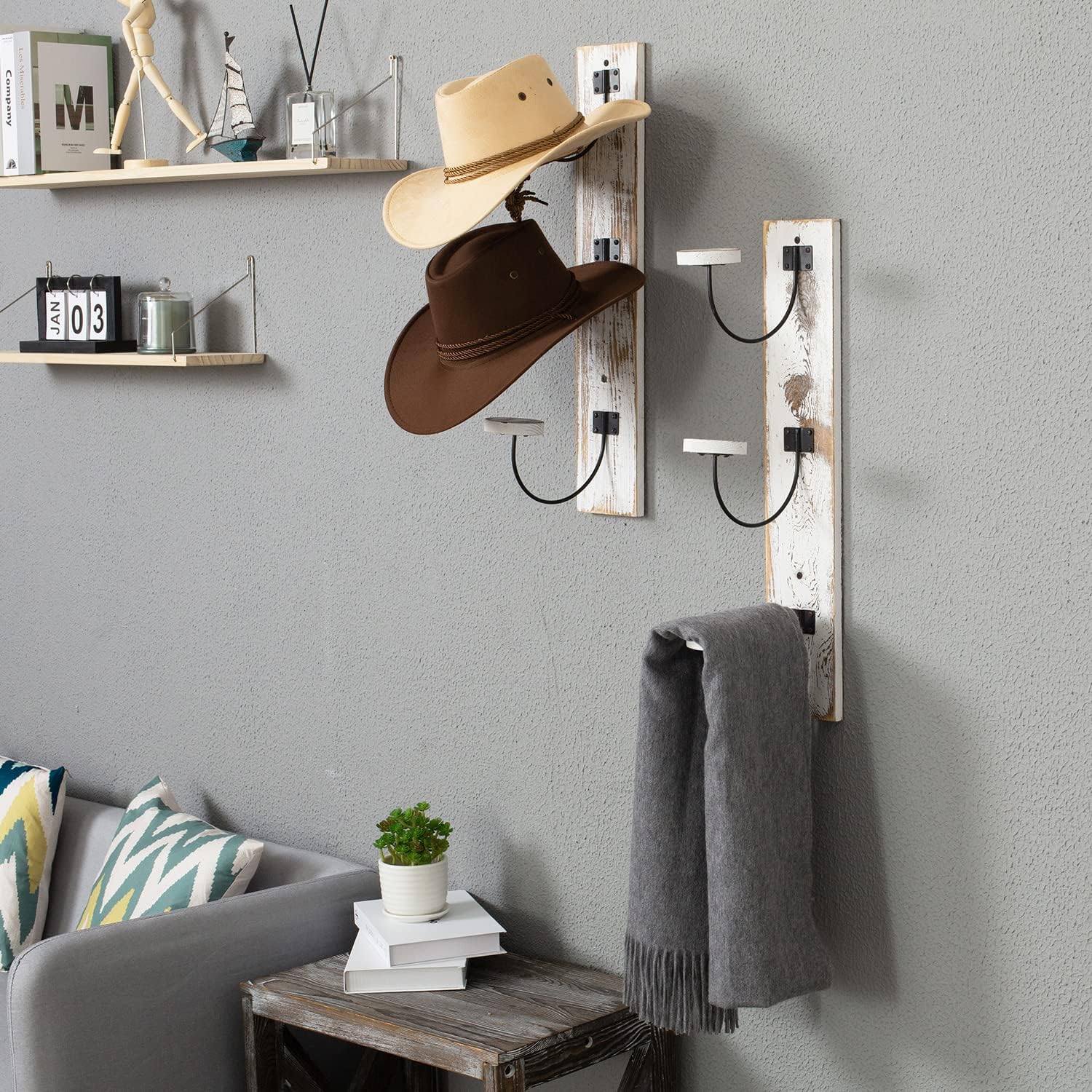 MyGift Wall Mounted Vertical Hat Rack - Fedora, Cowboy Hat Rack for Wall, Coat Hooks in Solid Whitewashed Wood and Black Metal Wire, Set of 2