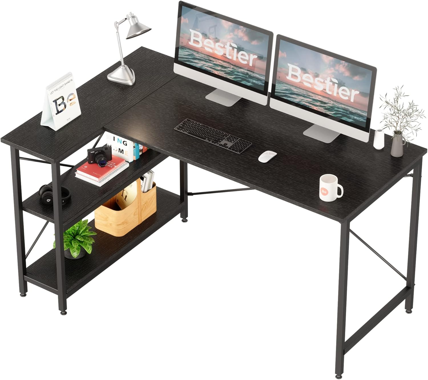 Bestier Small L Shaped Desk with Shelves 47 Inch Reversible Corner Computer Desk Writing Gaming Storage Table for Home Office Small Space, Oak