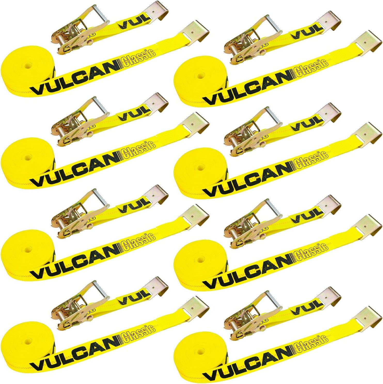 VULCAN Ratchet Strap with Flat Hooks - 2 Inch x 30 Foot, 8 Pack - Classic Yellow - 3,300 Pound Safe Working Load