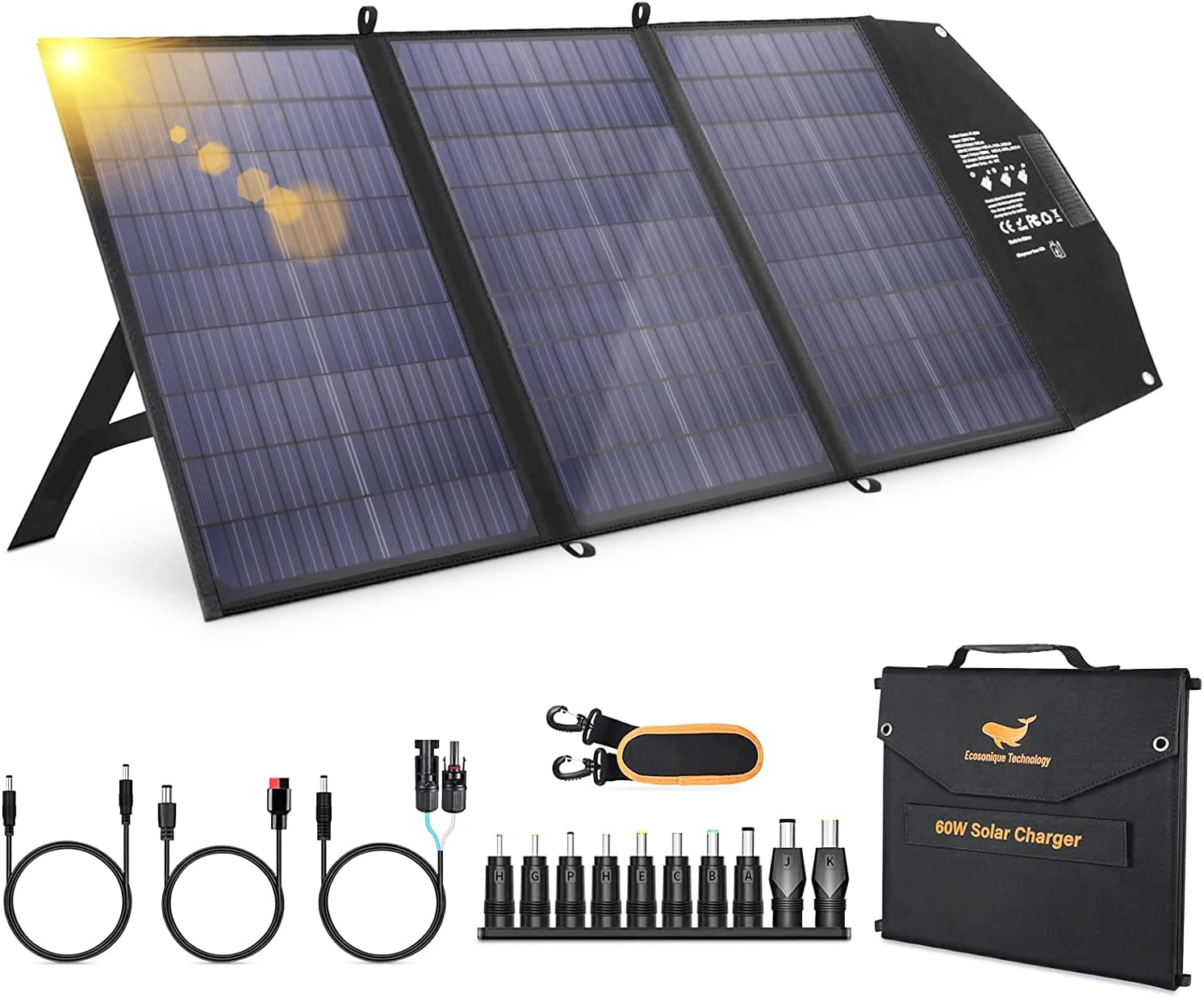Ecosonique 60W Portable Solar Panel for Power Station, Foldable Solar Charger with Adjustable Kickstand for Jackery/ ECOFLOW/ Flashfish/ ROCKPALS, for RV Laptops Solar Generator Van Camping Off-Grid