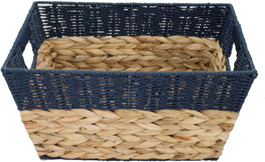 Natural Water Hyacinth Woven Rectangular Basket, Wicker Basket With Handle, Utility Storage Organizer