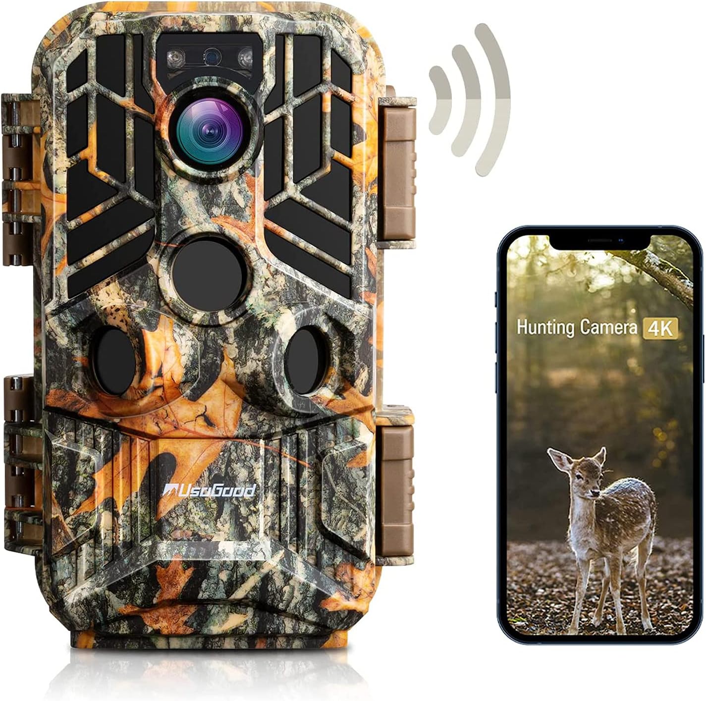 4K/30MP WiFi Trail Camera Bluetooth, usogood Hunting Cameras with No Glow Night Vision Motion Activated Waterproof Game Cam for Wildlife Monitoring, APP Control 65ft Trigger Send Pictures to Phone