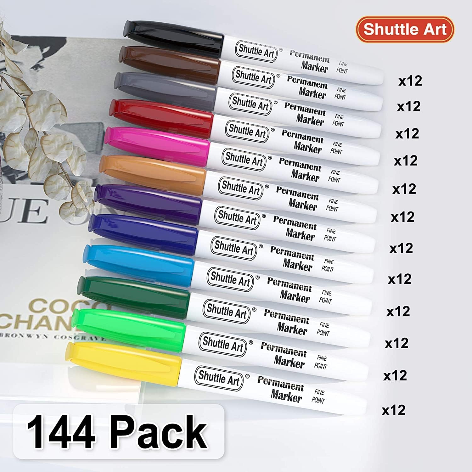 144 Pack Permanent Markers, Shuttle Art Permanent Marker Assorted Colors, 12 Bright Colors Fine Point Permanent Markers For Kids and Adult Coloring on Wood, Stone, Glass as Office, School Supplies