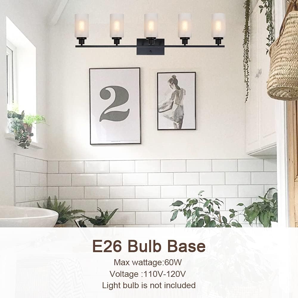 MELUCEE 5 Lights Bathroom Vanity Light Fixtures Matte Black with White Linen Glass Shade, Modern Wall Mount Light Fixtures for Bath Bedroom Powder Room, 40 Inches Length