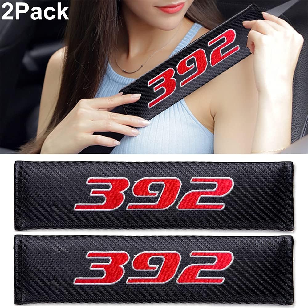 mianan 2Pcs Seat Belt Covers Shoulder Pads for Dodge Challenger Charger Durango 392 Hemi SRT Etc Accessories, Embroidered Logo Black Leather Car Seat Belt Pads Safety Belt Cover Pad (for 392)