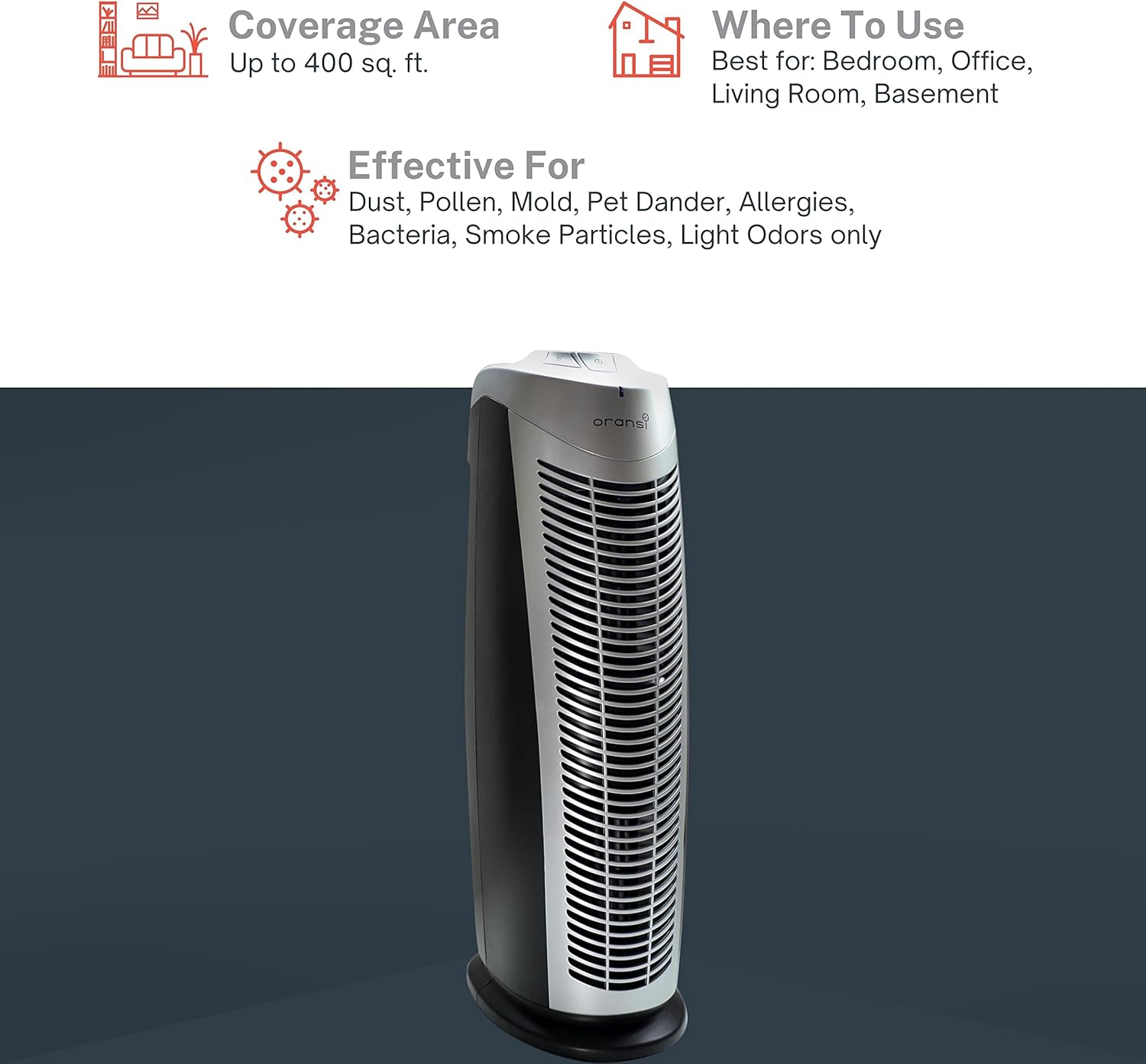 Oransi Air Purifier for Home, Bedroom, Office 400 Sq Ft Coverage HEPA UV Filter Removes 99%+, Cleans air of Allergies Dust Pollen Mold Pet Dander Bacteria Smoke Odors, 10-Year Warranty | Finn