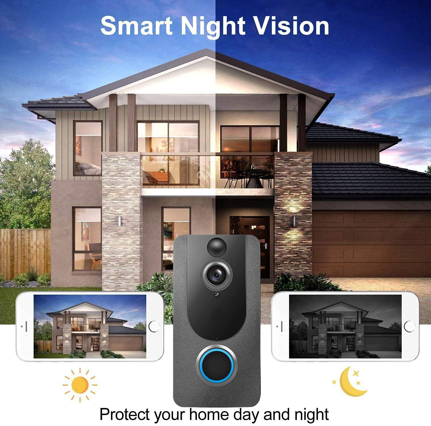 Video Doorbell Camera with Chime, 1080P Wireless Doorbell 2.4GHZ with Free Cloud Storage, PIR Motion Detection, 2-Way Audio, 166°Wide Angle, Night Vision, IP65 Weatherproof for Home Security Pack of 2