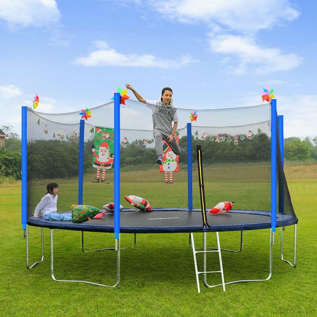 S&Auml;KEE Trampoline with Safety Enclosure Net Sprinkler for Kids Adults Round Recreational Trampolines with Ladder Wind Stakes Accessories for Outdoor Backyard Children 15 14 12 10 8 ft