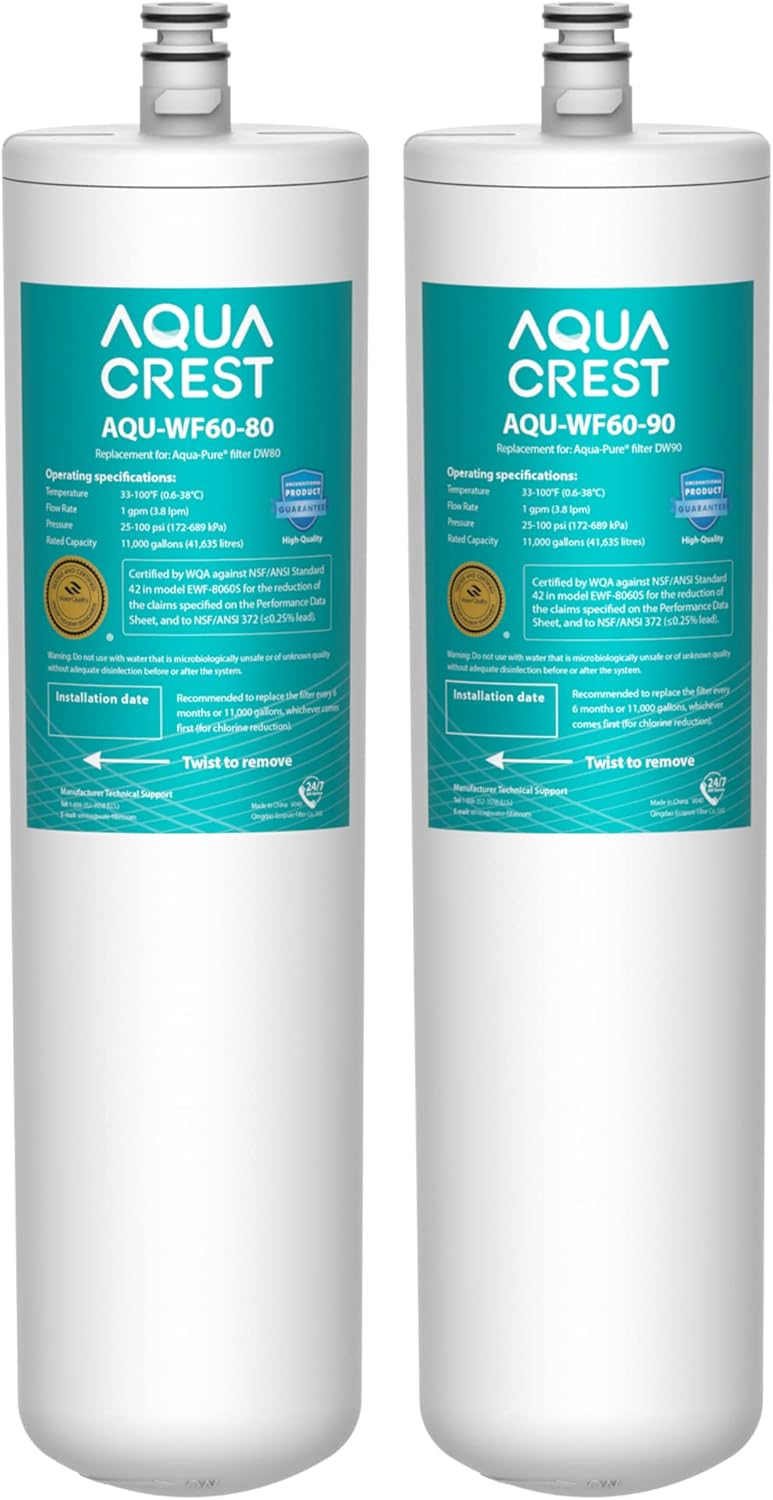 AQUACREST DW80/90 Under Sink Water Filter,Replacemet for Aqua-Pure AP-DW80/90, AP-DWS1000, Kohler K-201-NA, Kohler K-202-NA (Pack of 2), Model No. WF60-80/90