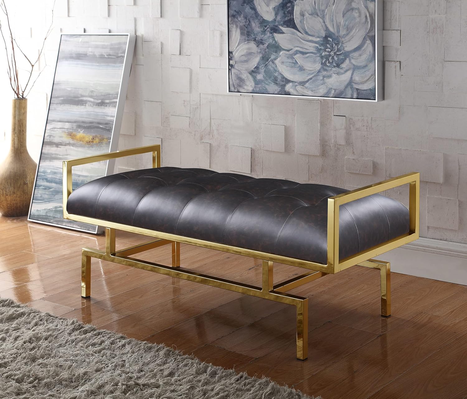 Iconic Home Bruno PU Leather Modern Contemporary Tufted Seating Goldtone Metal Leg Bench, Black