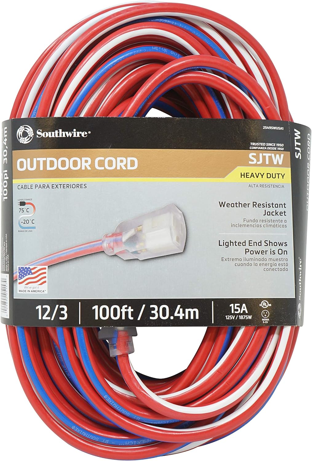 Southwire 2549SWUSA1 100-Feet, Contractor Grade, 12/3 Extension Cord, With Lighted End; Red White And Blue, American Made Extension Cord, Indoor and Outdoor Use, Water Resistant Flexible Jacket