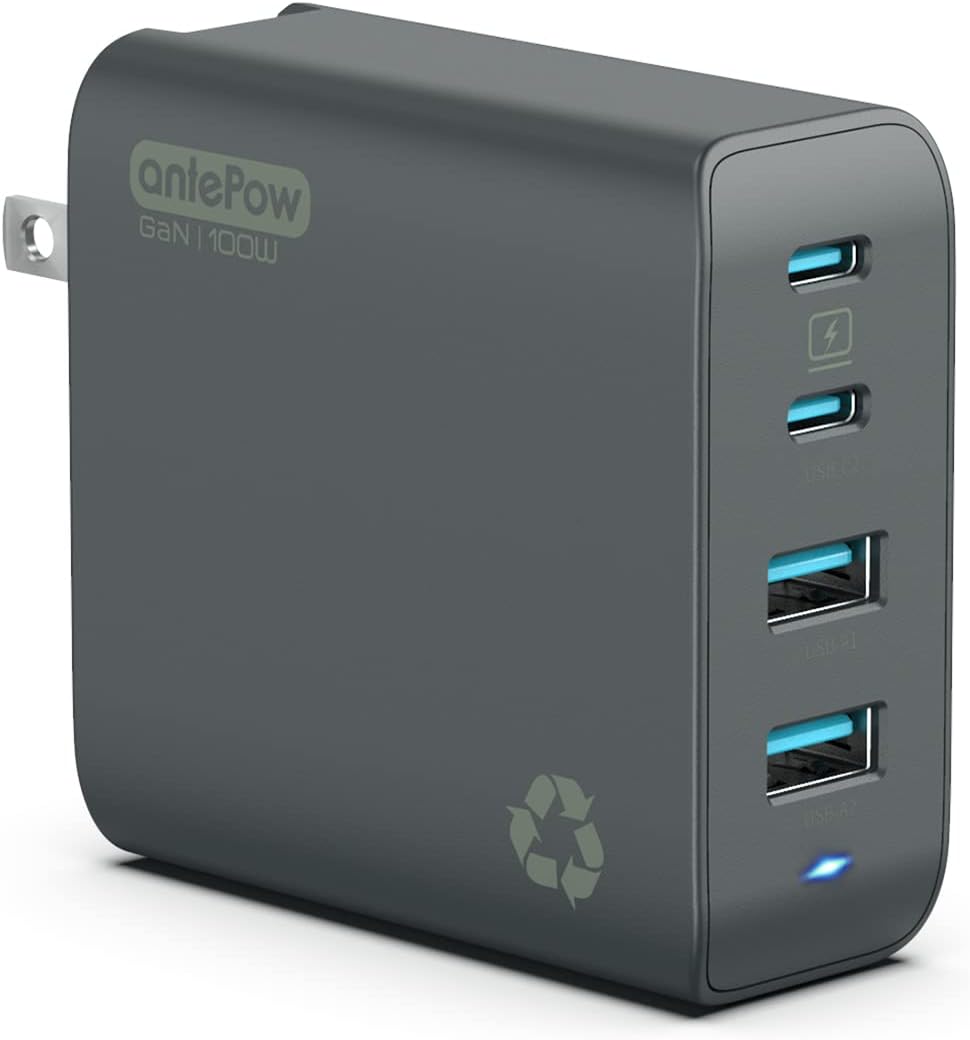 100W GaN USB C Charger, antePow GaN Multiport Sustainable PPS/PD 3.0 MacBook Charger, 4 Ports 100W USB C Charger Foldable Power Adapter Travel USB C Charger Block for Most USB-A and USB-C Ports Cable.