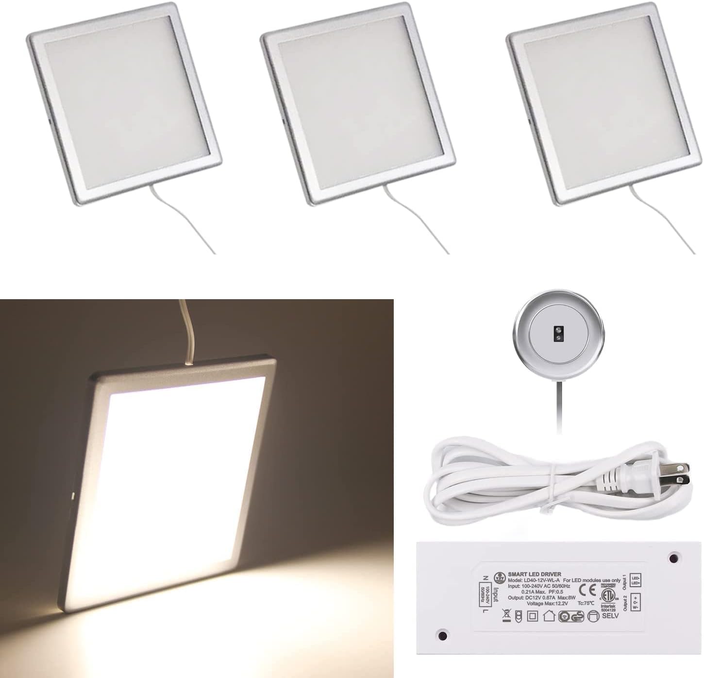 VST Under Cabinet Panel Lighting 3PCS 3.94inch 12V 2.5W(Total 7.5W) with Wired Hand Wave Switch, Surface Mount Puck Light for Kitchen Wardrobe Camper Van Truck Car Galley Downlight（Round Black） Pack of 2