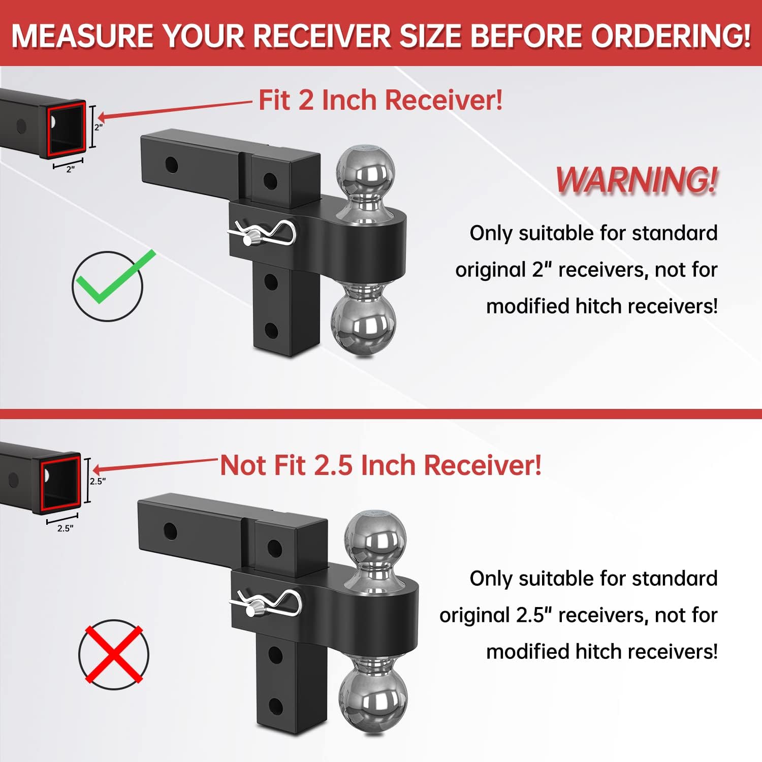 IFOKA Adjustable Trailer Hitch, 6 Inch Drop Hitch, Fits 2 Inch Receiver Aluminum Forged Shank, 2 Inch & 2-5/16 Inch Dual Balls Towing Hitch with Lock Pins, Black