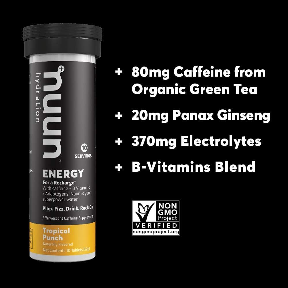 Nuun Energy: Caffeine, B Vitamins, Ginseng, Electrolyte Drink Tablets, Tropical Punch, 80 Count Pack of 2