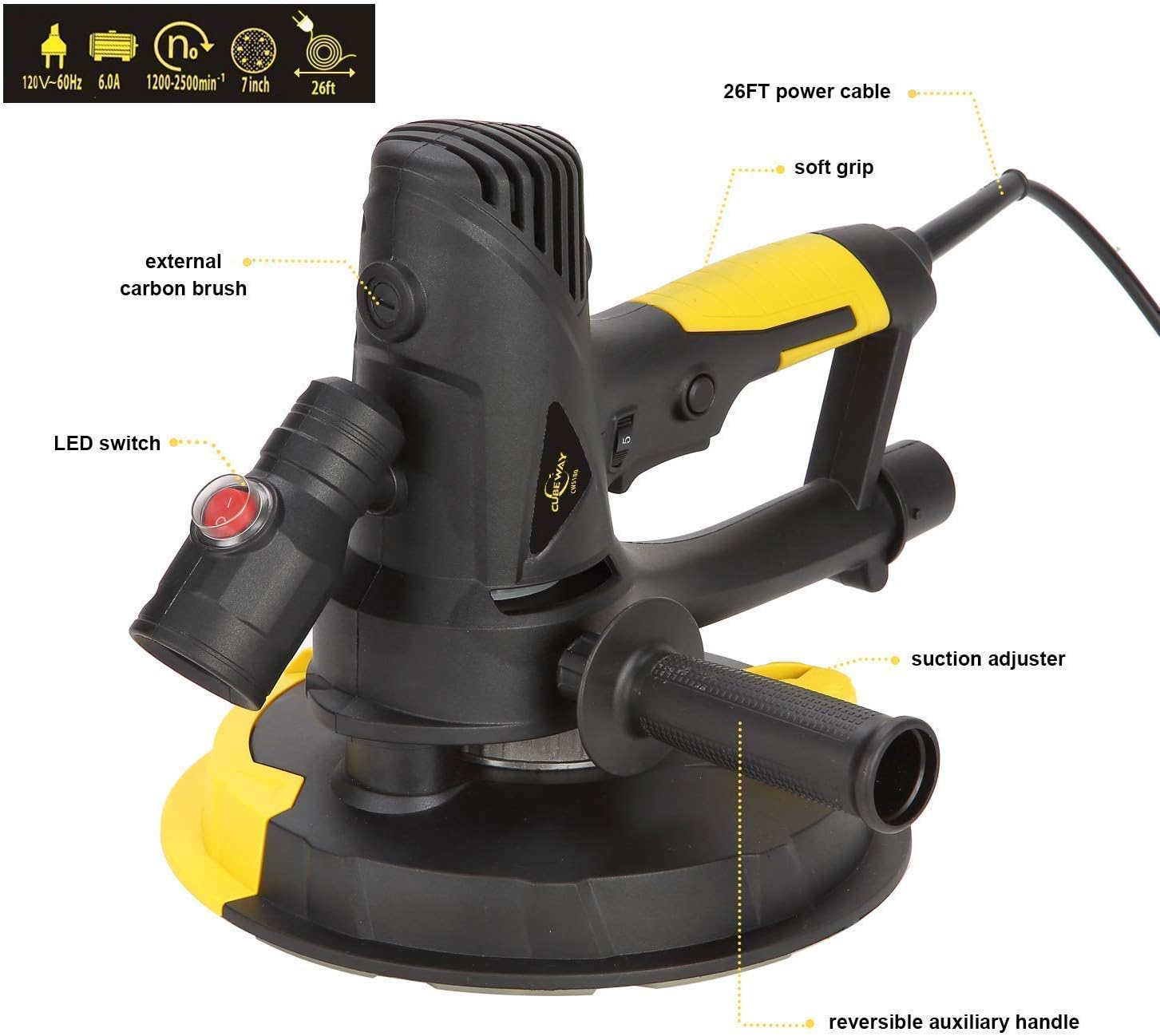 Electric Drywall Sander with Vacuum, Variable Speed and 26FT Power Cord, Drywall Sanding Machine with Extra Mesh Sanding Discs and Safety Kit, CUBEWAY