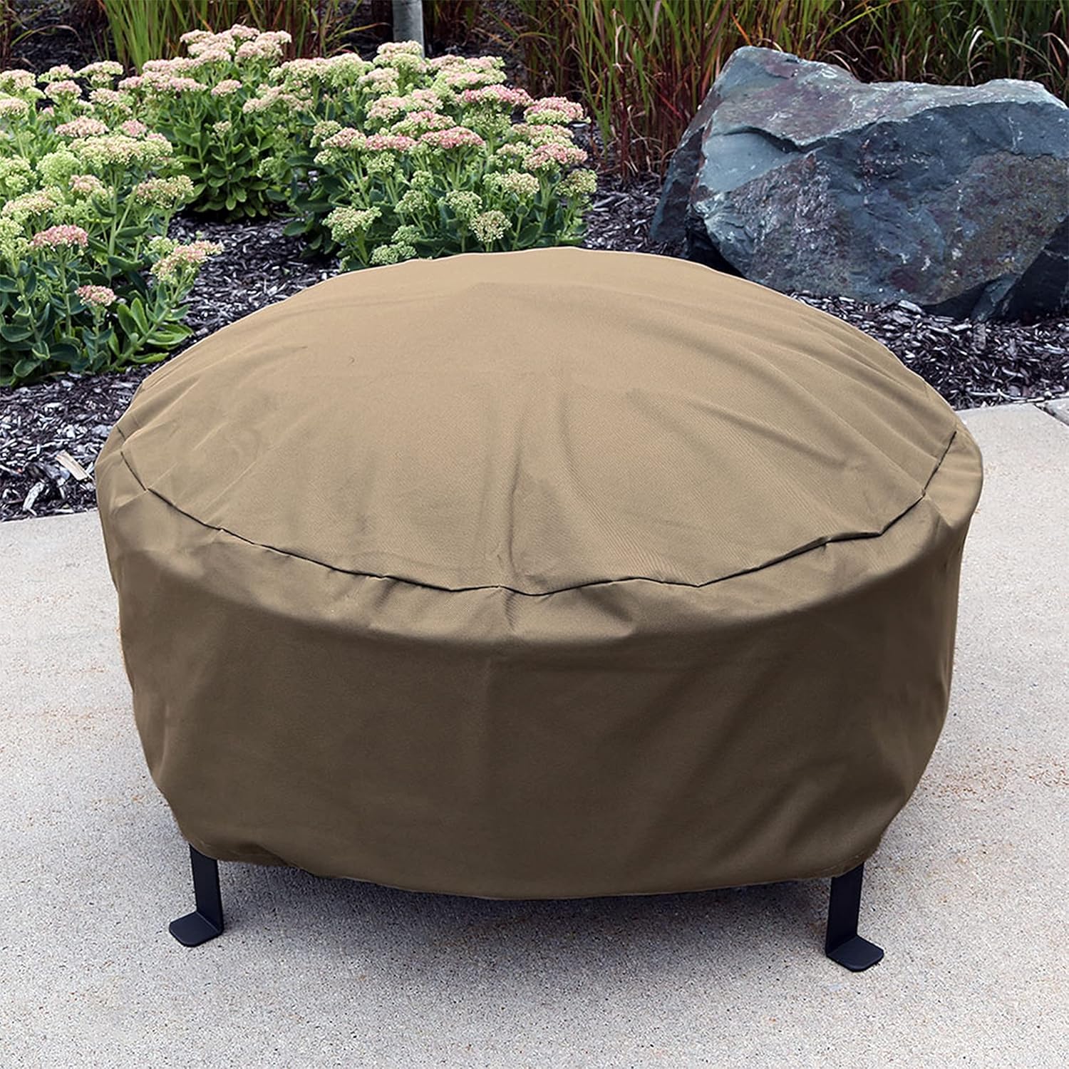 Sunnydaze Outdoor Round Fire Pit Cover - Weather Resistant and Heavy Duty Khaki 300D Polyester with Drawstring Closure and PVC Back - 40-Inch