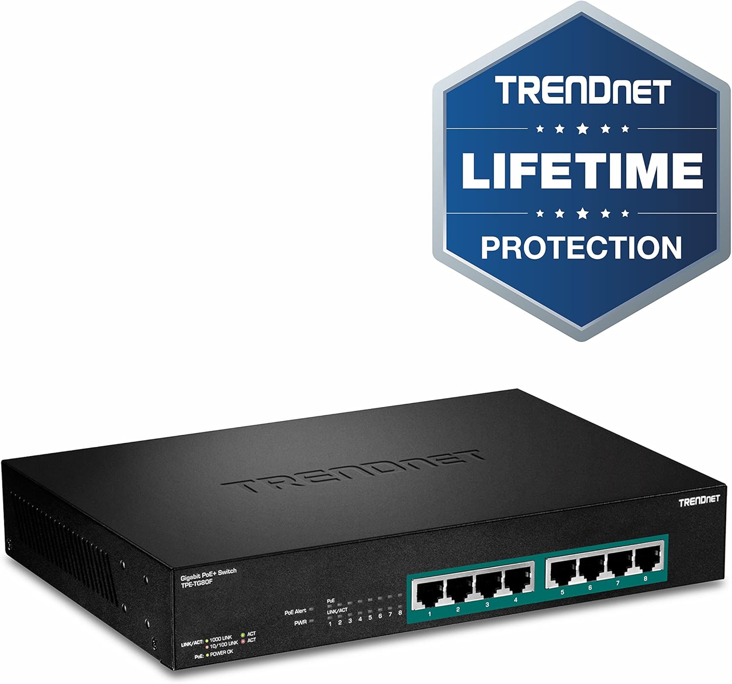 TRENDnet 8-Port Gigabit Full Power Poe+ Switch, 8 x Gigabit PoE+ Ports, 240W Power Budget, 16Gbps Switching Capacity, Rack Mountable, Ethernet Network Switch, Metal, Lifetime Protection, TPE-TG80F