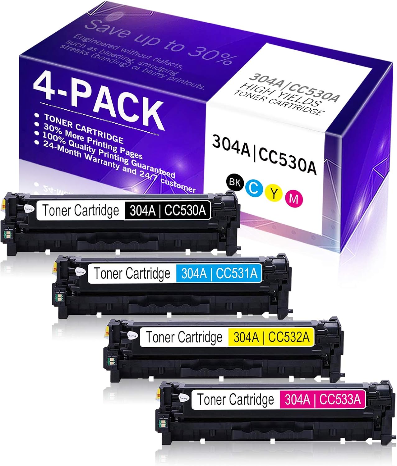 4 Pack (1BK+1C+1Y+1M) Compatible 304A | CC530A Toner Cartridge Remanufactured Replacement for HP 304A CC530A CC531A CC532A CC533A to use with Color CP2025dn CP2025x CM2320fxi CM2320nf Printer