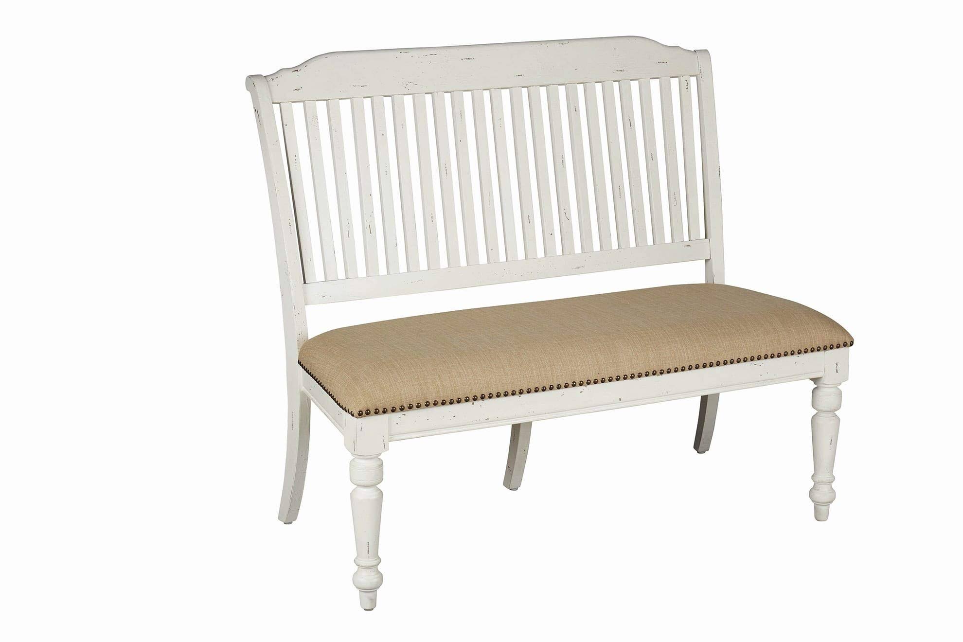Farmhouse Style Wooden Bench with Slatted BACK, White and Brown
