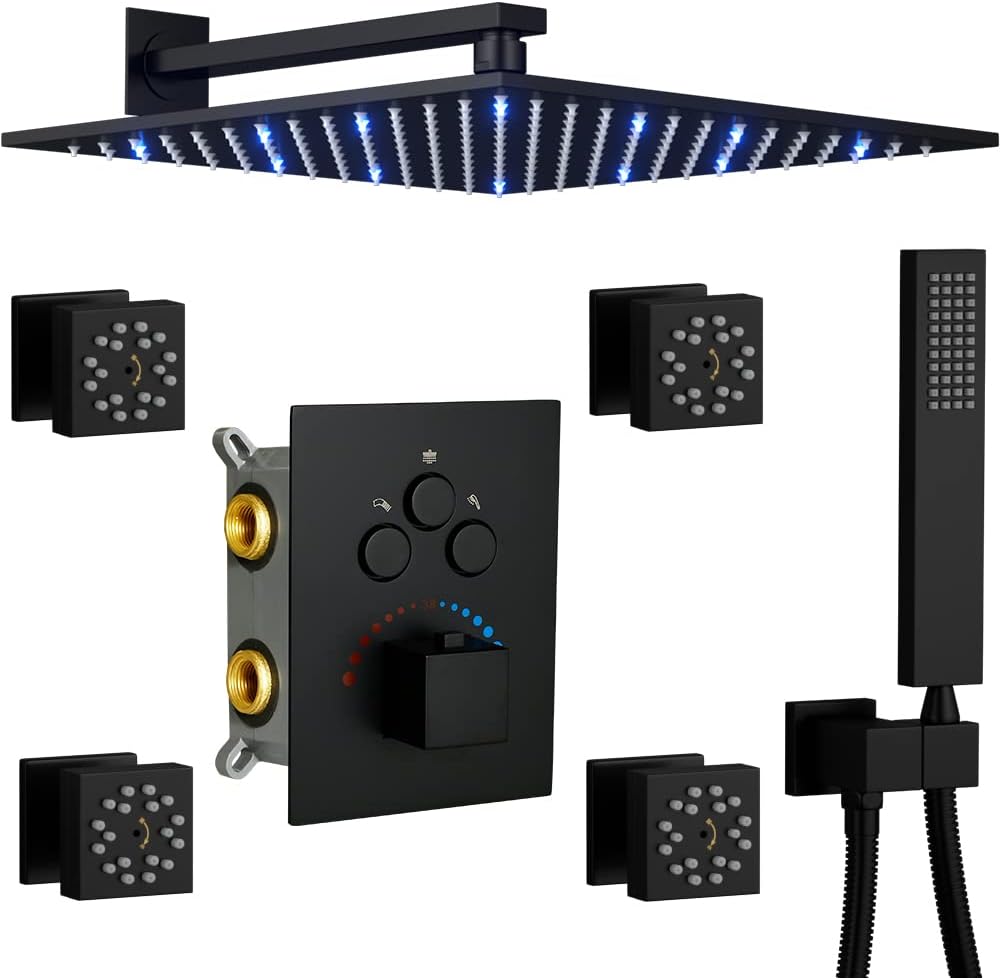 WHSHOWER Thermostatic Shower System Dual Function Shower Jets System 12 Inch Matte Black Shower Set Allow Multiple Heads To Function At A Time