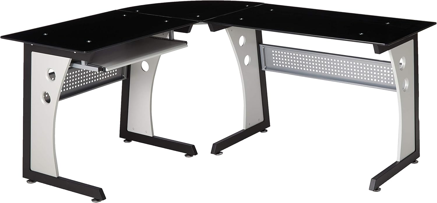 Christopher Knight Home Oria L-Shaped Office Desk with Tempered Glass Top, Black / Grey