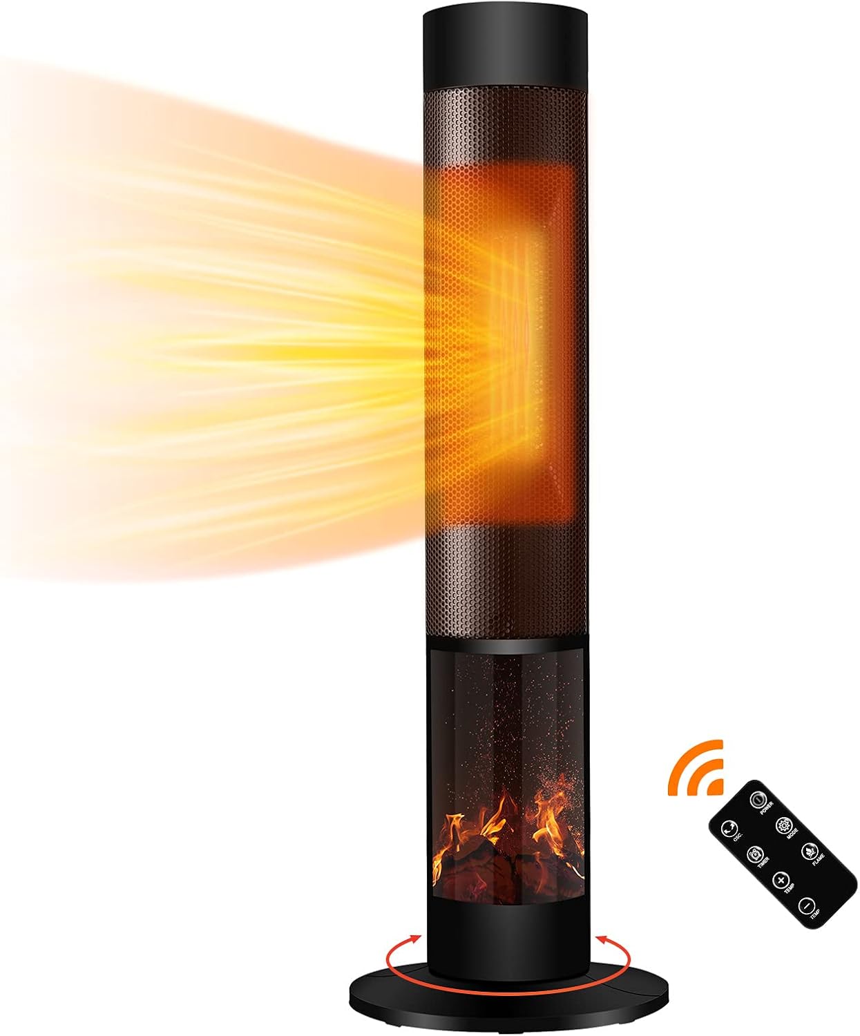 Electric Tower Space Heater - 1500W/750W Heating Modes w/ 60° Oscillation, Remote Control, LCD Display,12H Timer, Dual Protection, Realistic 3D Flame, Adjustable Thermostat for Whole Room/ Bedroom Use