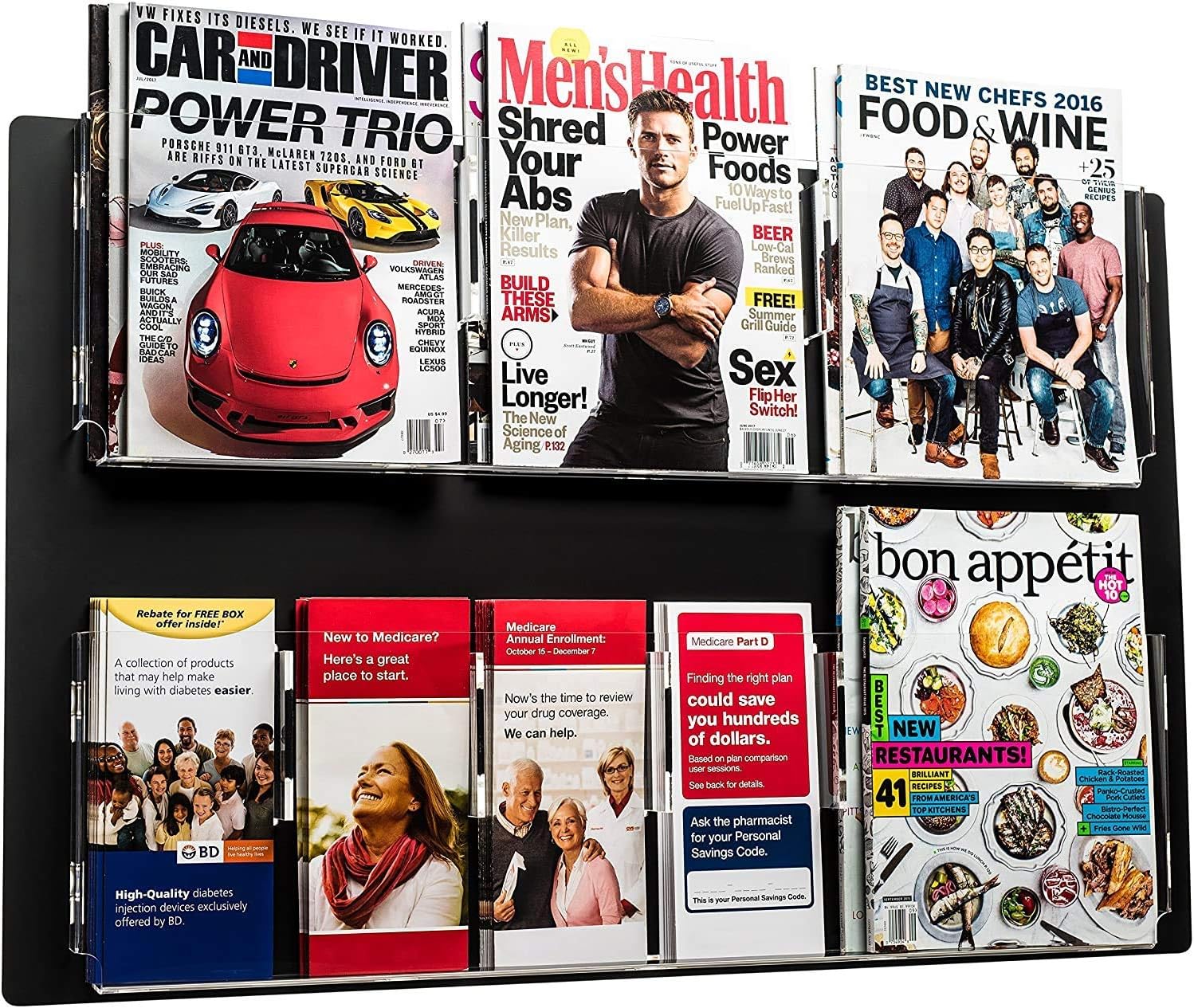 Adir Acrylic Brochure Holder Wall Mount - Adjustable Hanging Magazine Rack Literature & Brochure Holder for Home, Office, Waiting Room Display (30'' x 20'' Black)