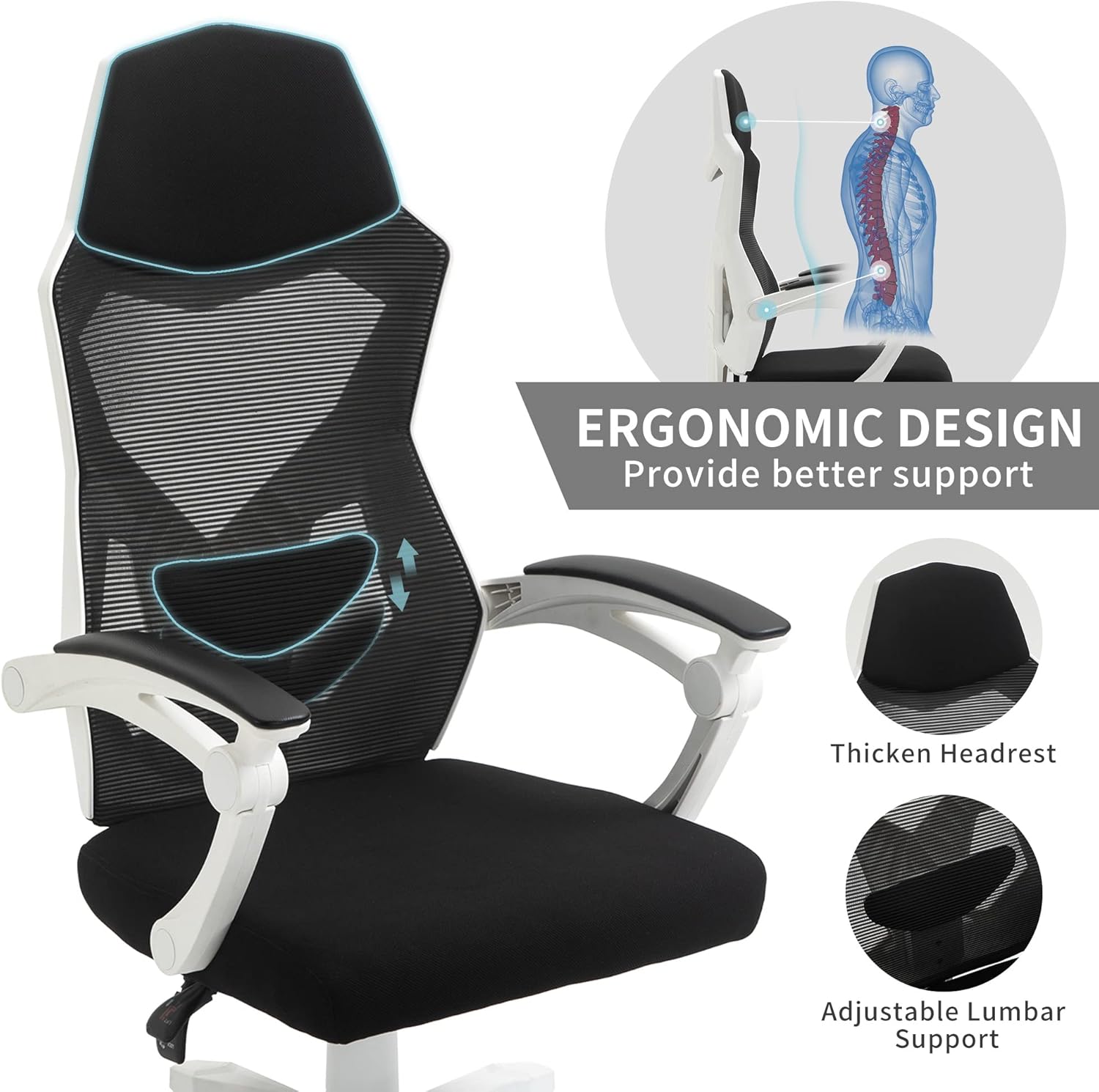 HOMEFUN Ergonomic Office Chair, High Back Executive Desk Chair Height Adjustable Mesh Computer Chair with Lumbar Support and Headrest, White
