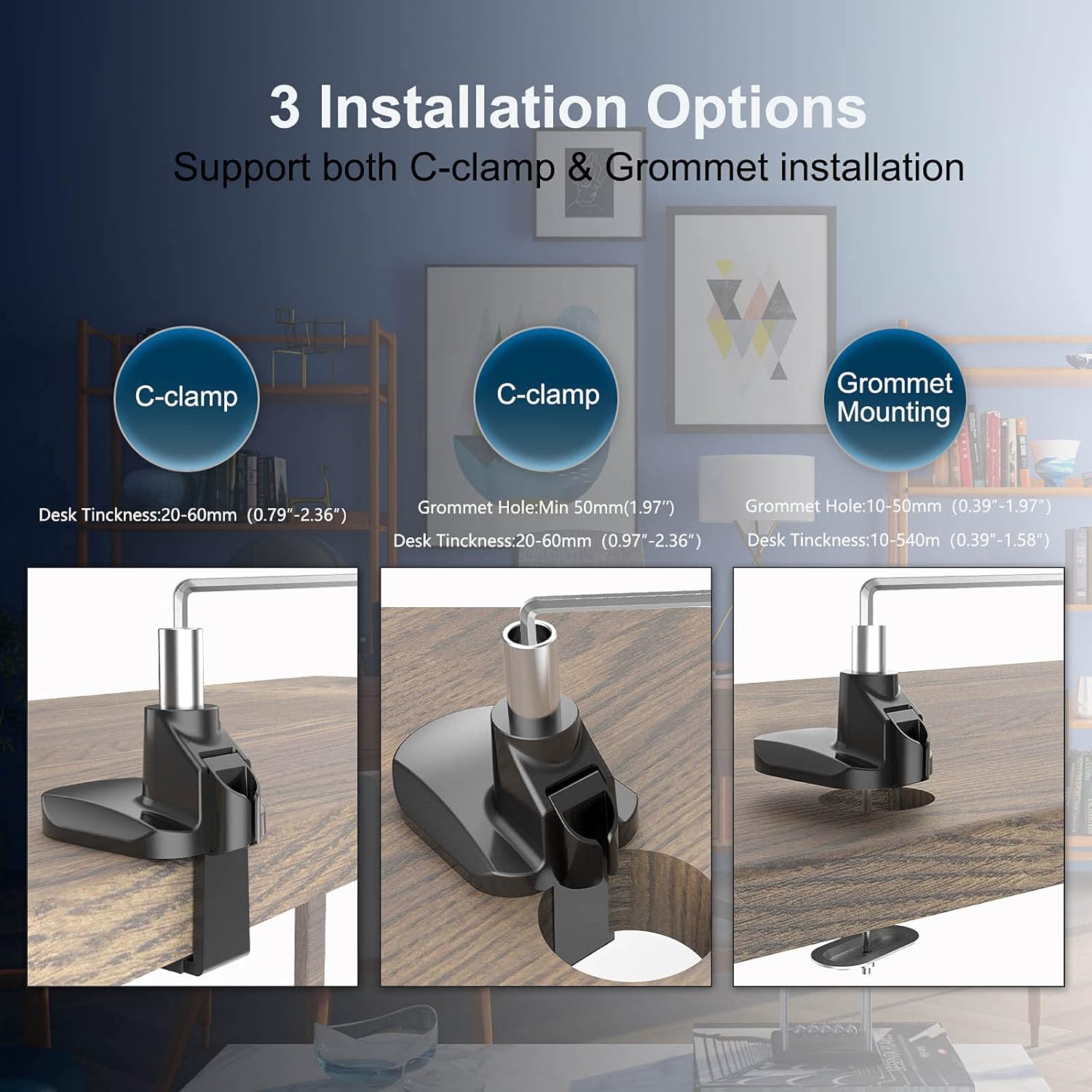 LOUEVED Single Monitor Desk-Mount-Arms，Aluminuml Flexible Gas Spring Monitor Stand Height Adjustable Desk Mount VESA Bracket up to 35 Inch Flat / Curved LCD Computer Screens with C Clamp, Grommet Base