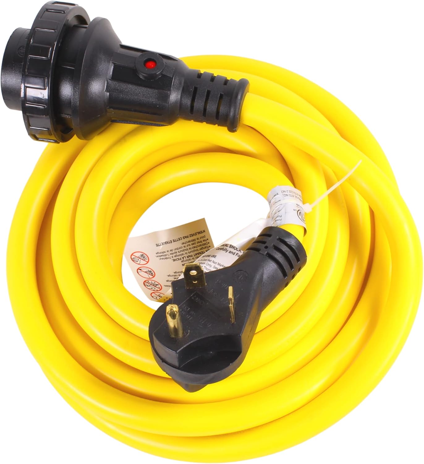 Journeyman-Pro 30A RV Power Extension Cord L530 Locking Female (Safety Yellow), Black Grip Handle w/Power Indicator - 15, 25, 50 Feet Length 125V - 30 AMP, TT-30P to L5-30R(Twist Lock), (15 Feet) Pack of 2