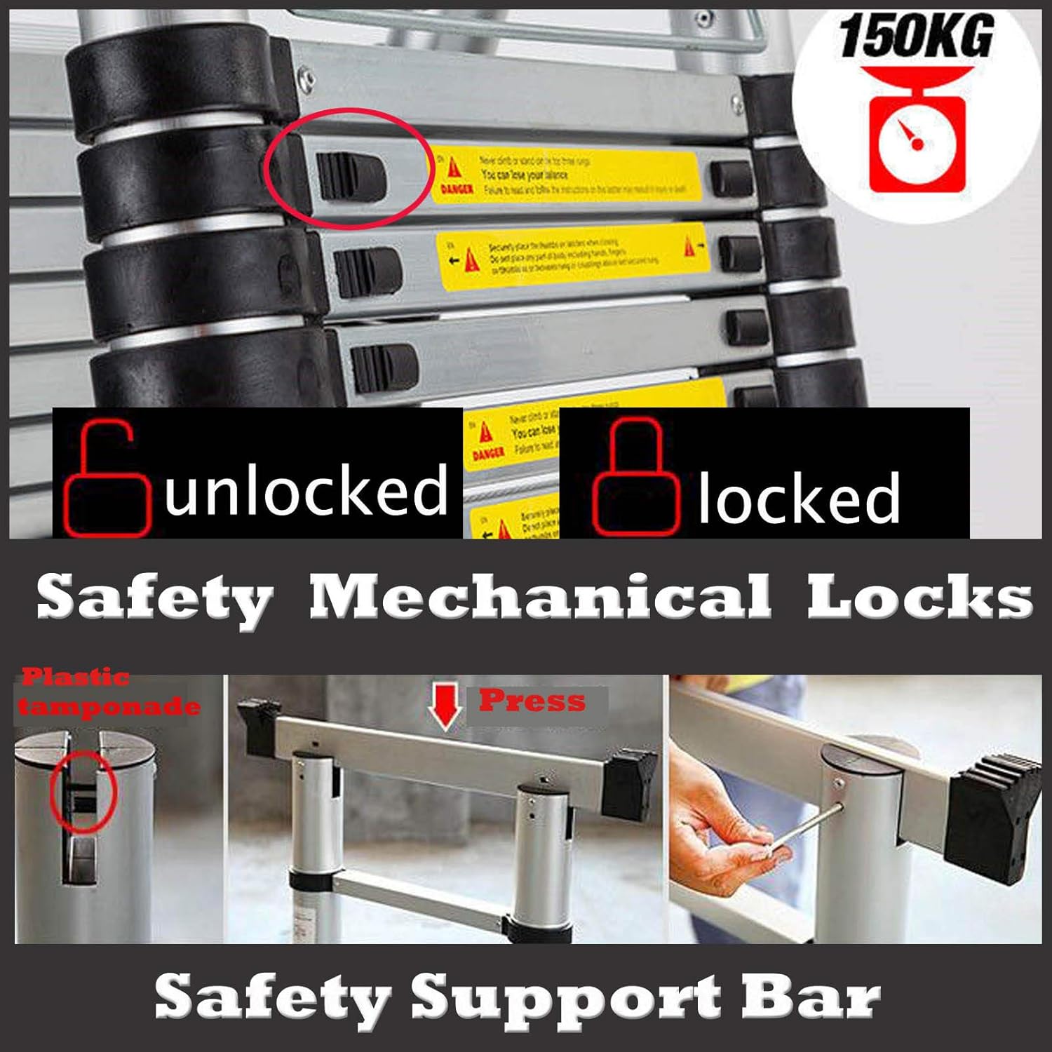 16.5FT Aluminum Telescoping Extension Ladder 330lbs Max Capacity A-Frame Lightweight Portable Multi-Purpose Folding with Support Bar Anti-Slip EN131 Certificated