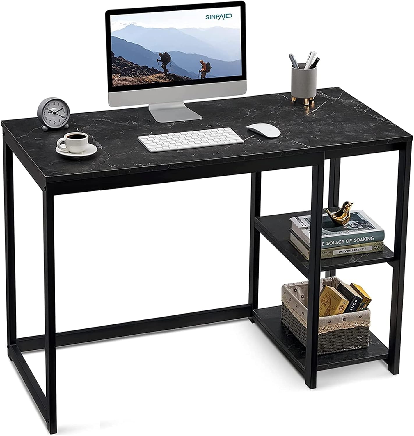 SINPAID Computer Desk 47 inches with 2-Tier Shelves Sturdy Home Office Desk with Large Storage Space Modern Gaming Desk Study Writing Laptop Table, Black Marbling