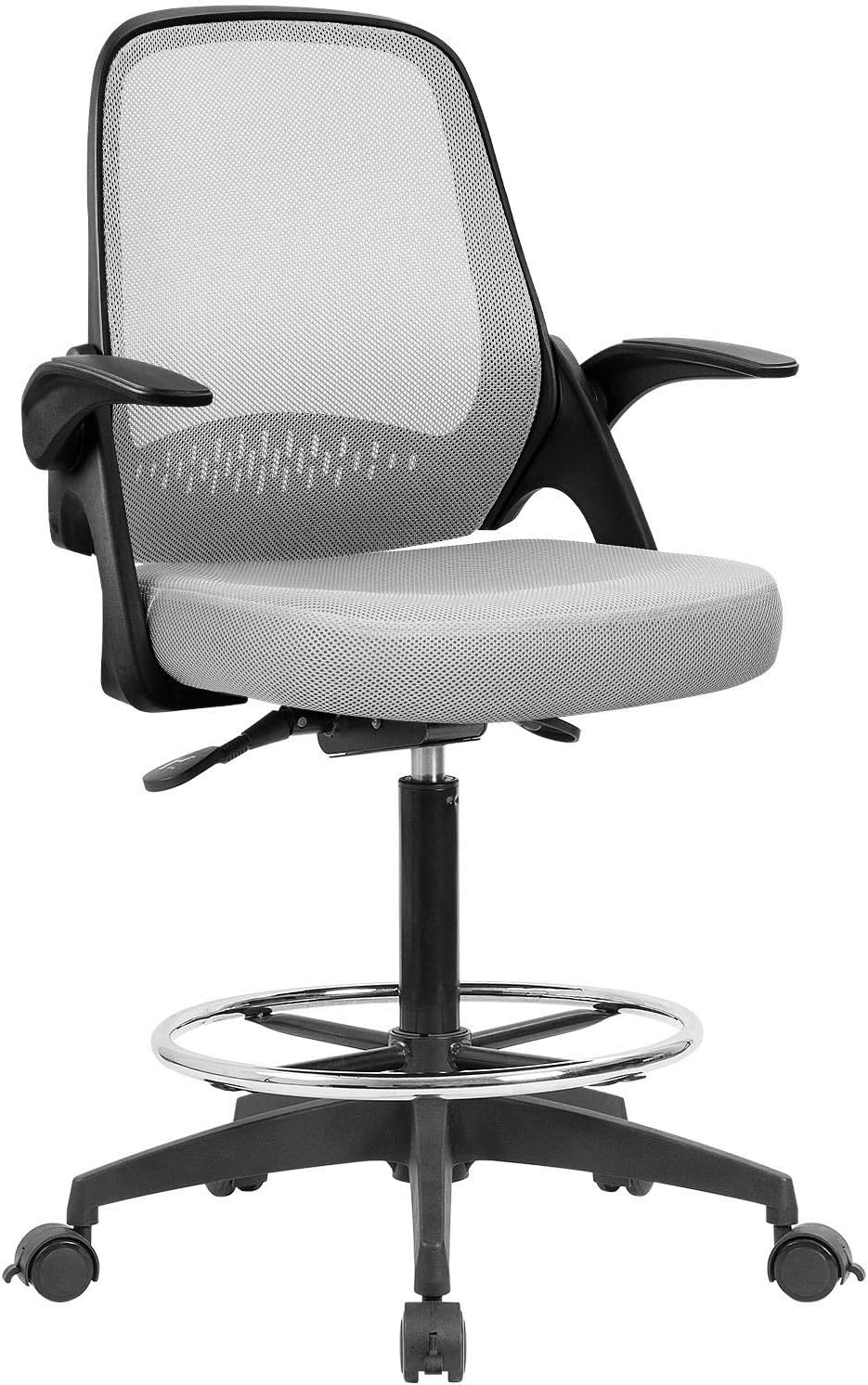 Devoko Drafting Chair Tall Office Chair with Flip-up Armrests Executive Computer Standing Desk Chair with Lockable Wheels and Adjustable Footrest Ring (Black)