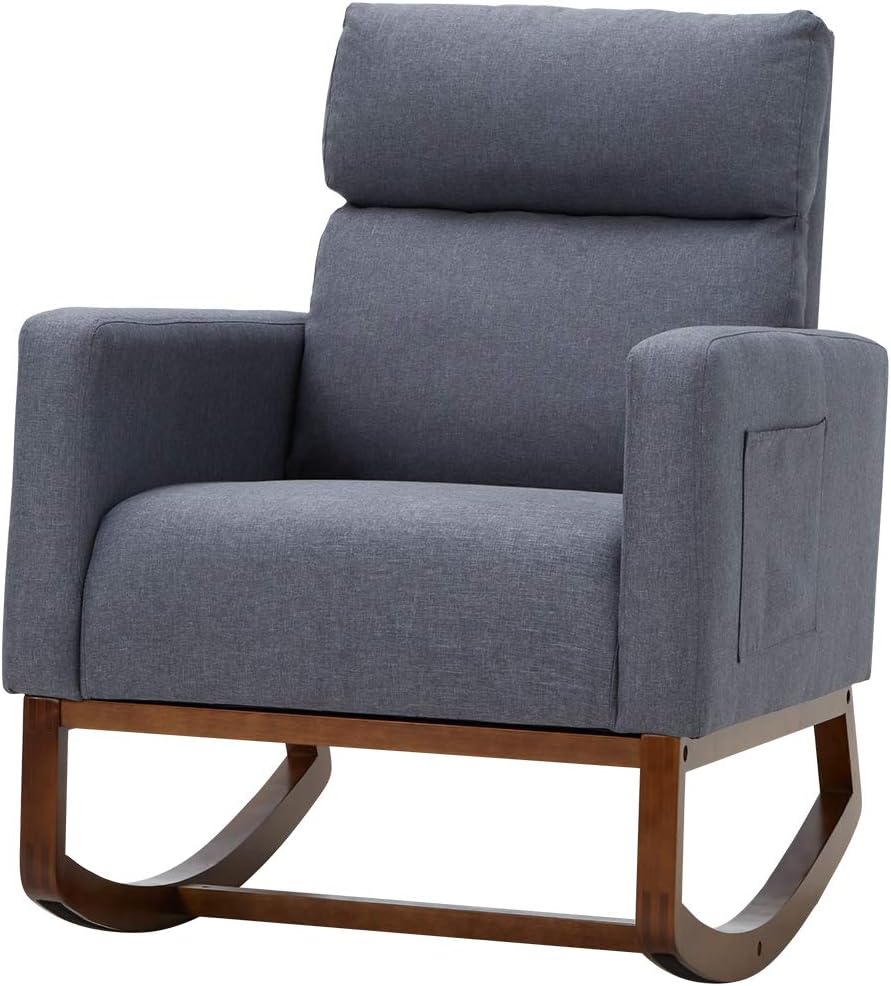Avawing Living Room Rocking Chair, Comfortable Rocker Fabric Padded Seat Wood Base,Modern High Back Armchair,Gray