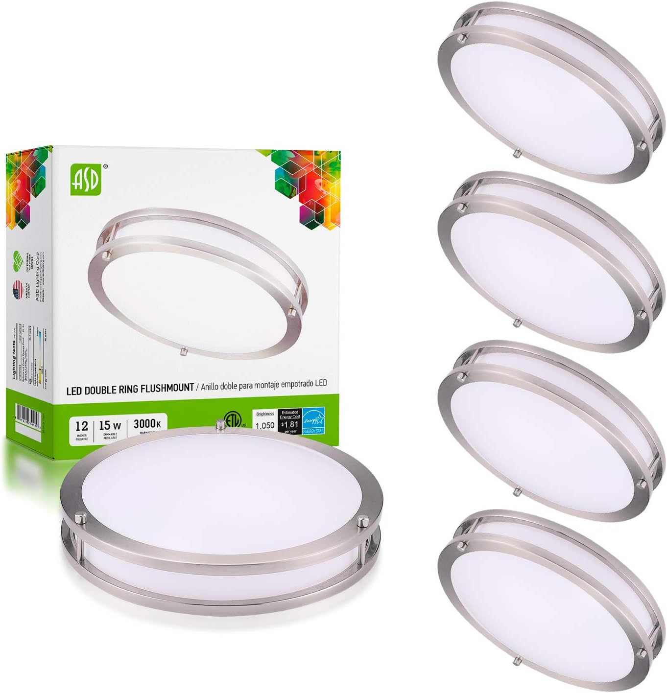 ASD 14 Inch LED Flush Mount Ceiling Light, 21W (170W Equivalent), 1470 Lm, Dimmable Close to Ceiling Light Fixture for Kitchen Hallway Laundry, Brushed Nickel, 5000K, Energy Star, ETL (4 Pack)