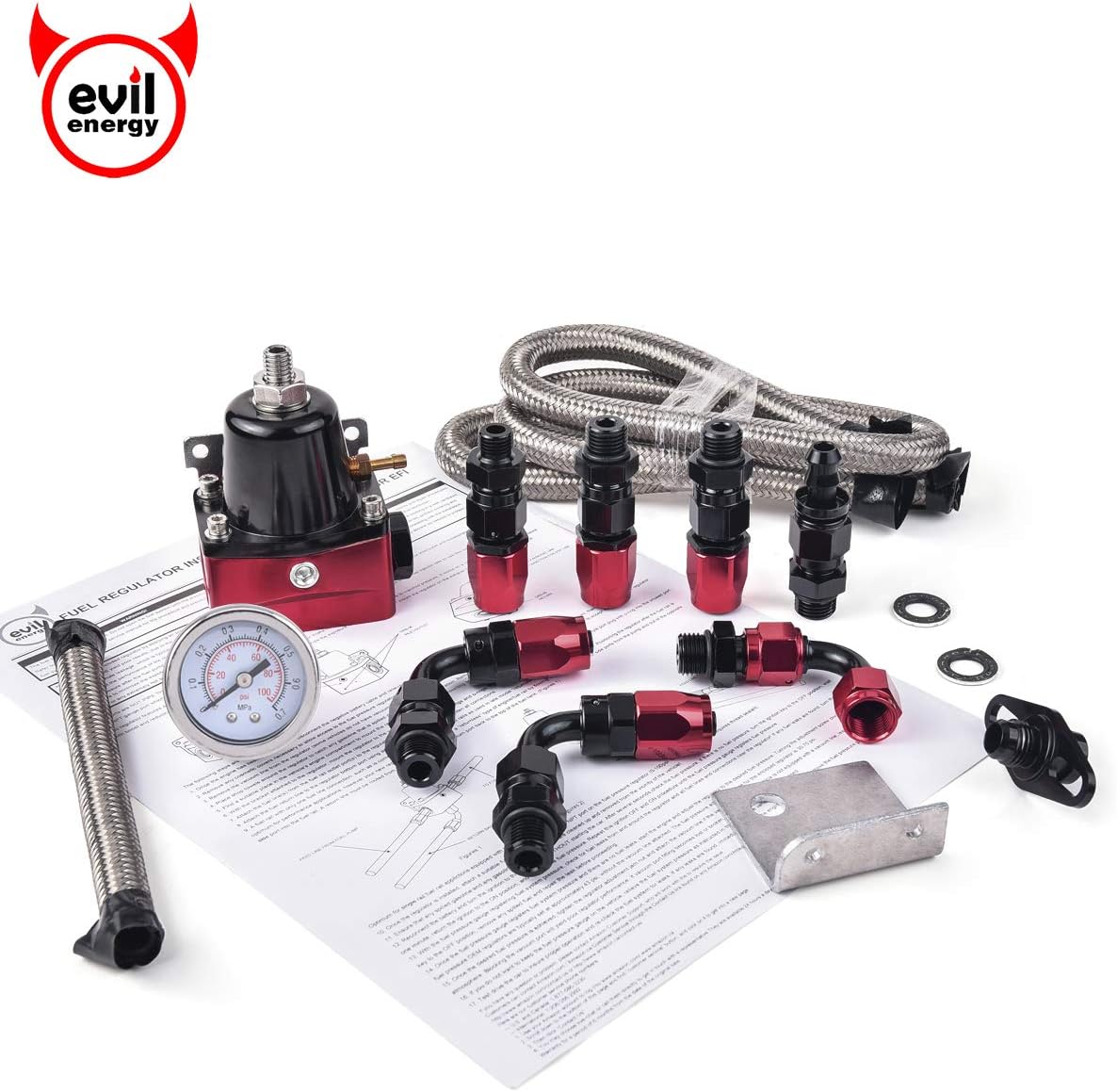 EVIL ENERGY 30-70psi Adjustable EFI Fuel Pressure Regulator Bypass Return Kit Universal with Pressure Gauge and 6AN ORB Adapter Aluminium Black&Red Pack of 2