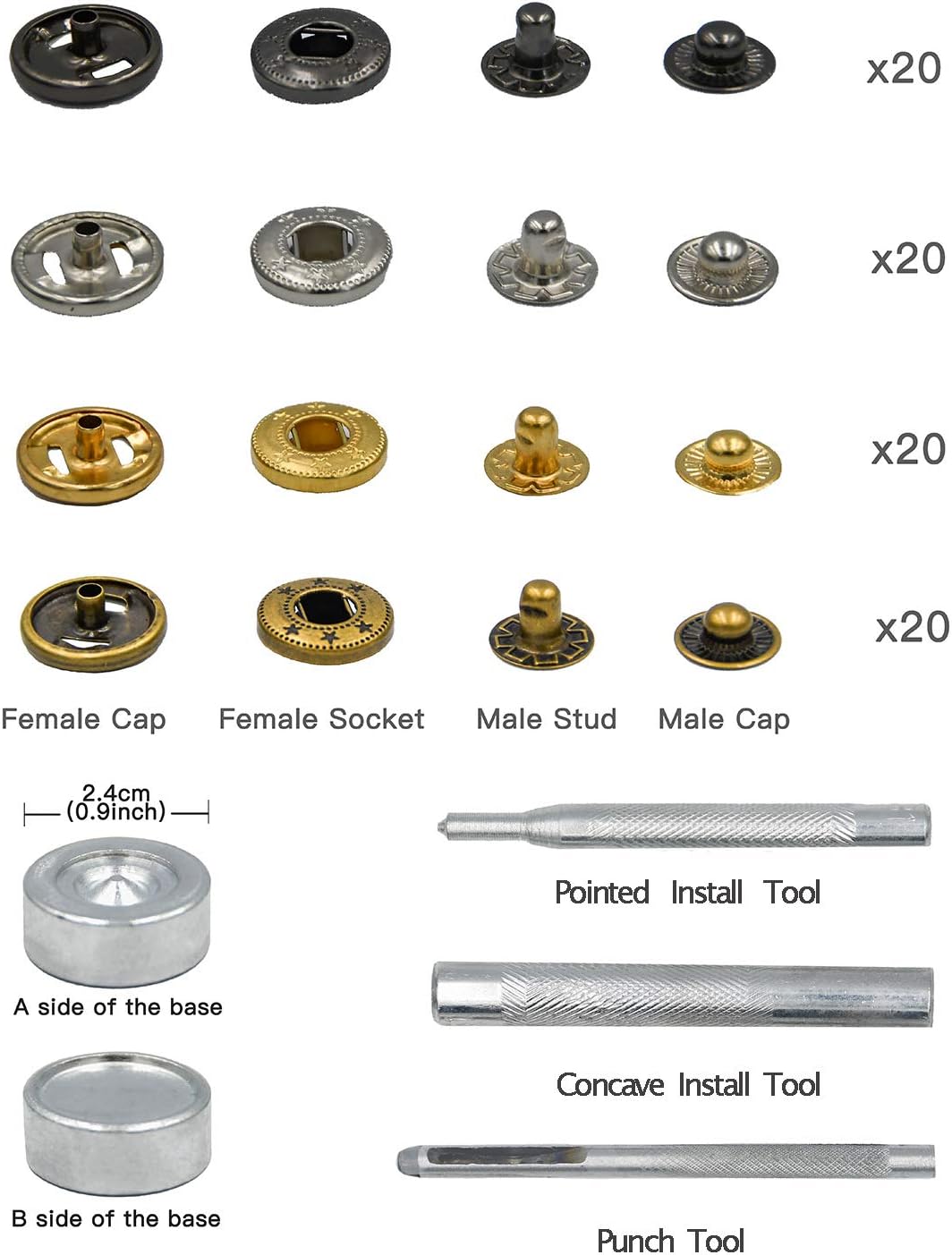 Lynda 80 Sets Metal Snap Fasteners, 4 Colors Snap Fasteners with 4 Pieces Fixing Tools,Used in Leather Craft, DIY Craft, Overalls, Jacket and Jeans,15mm in Diameter