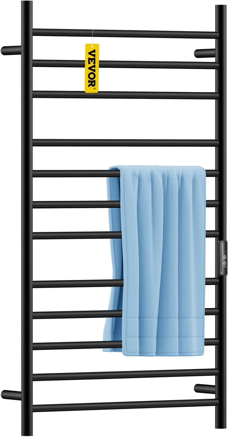 VEVOR Heated Towel Rack, 6-Bar Towel Warmer Rack, Wall Mounted Electric Towel Warmer, Electric Towel Drying Rack with Timer, Matte Black Stainless Steel Heated Towel Warmer for Bath, Plug-in/Hardwired