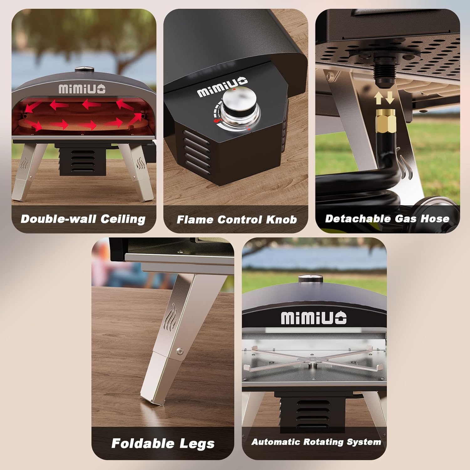 Mimiuo Outdoor Gas Pizza Oven Black Portable Gas Pizza Grilling Stove with Automatic Rotation System, 13