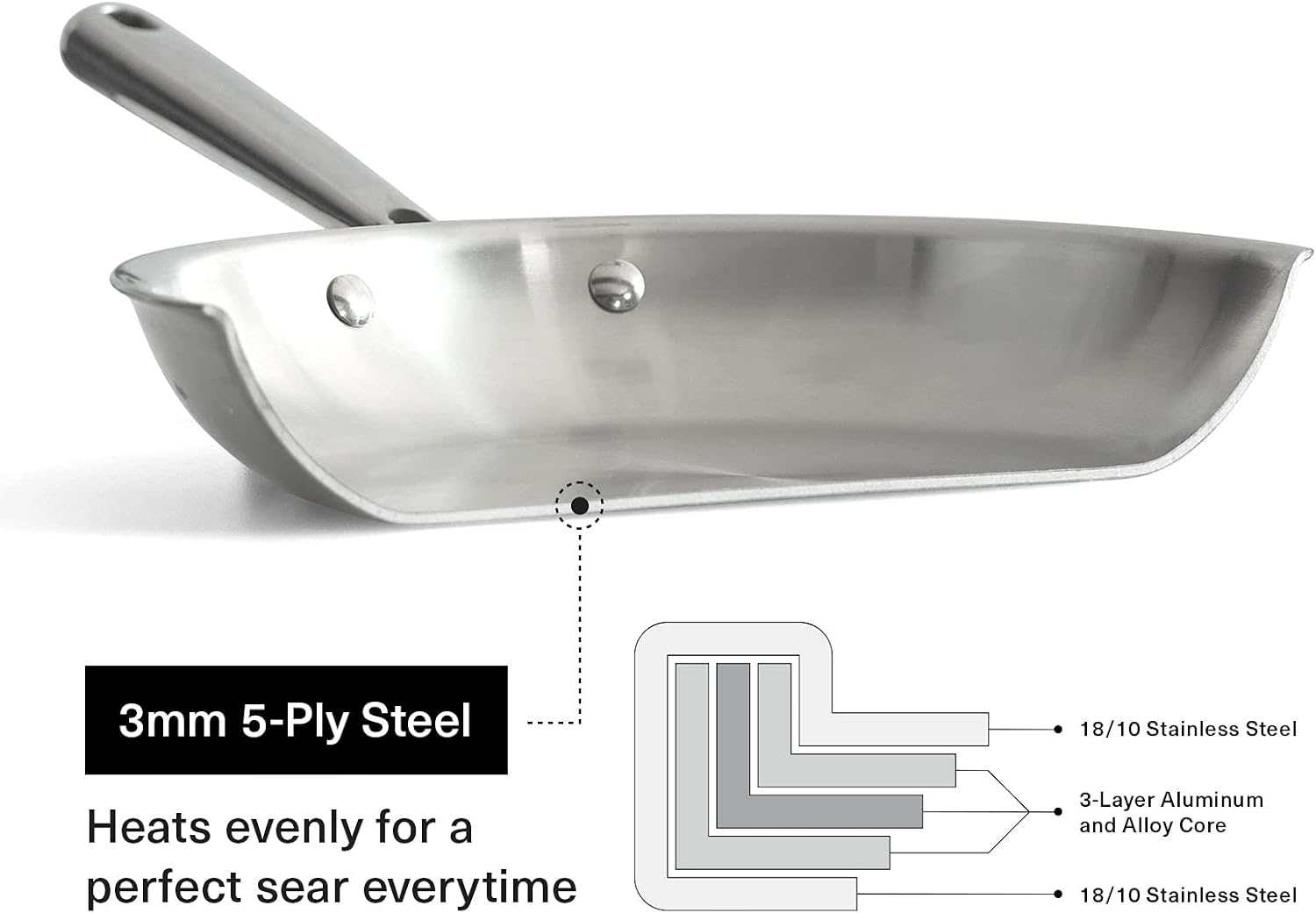 Misen Stainless Steel Frying Pan - 5 Ply Steel Skillet - Professional Grade Pans for Cooking - 12 Inch Cooking Surface