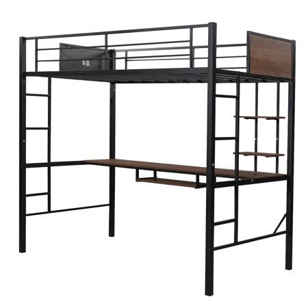 Loft Bed with 2 Ladder and Desk, Storage Shelf,Space Saving Design, Twin, Black