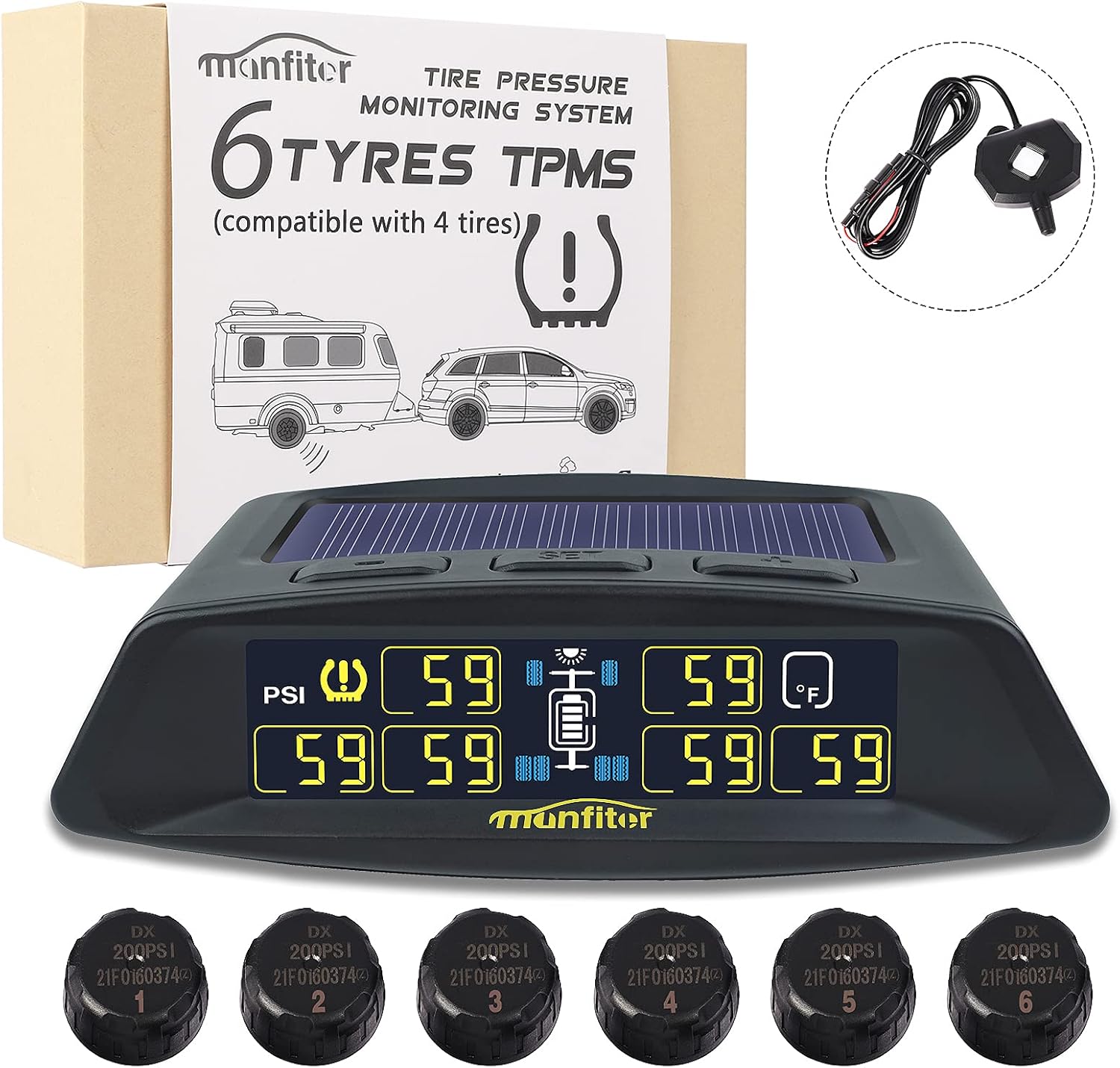 Tire Pressure Monitoring System for RV Trailer Camper Car, Solar / USB Charge, 5 Alarm Modes, Auto Backlight & Sleep & Awake Mode, with 6 External Tire Pressure Sensor (0-199psi) and 1 Signal Repeater