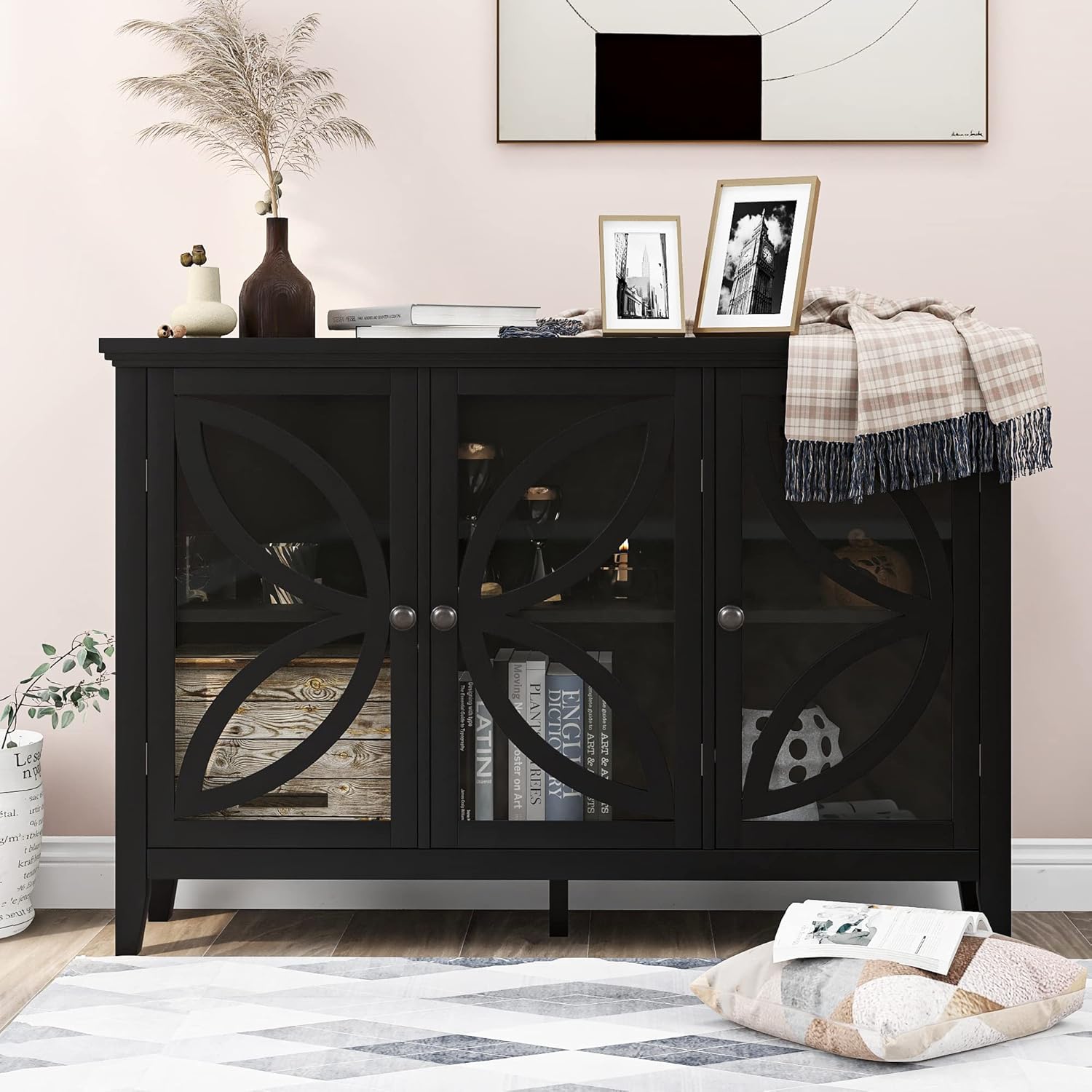 XD Designs Wood Console Table Sofa Table, Sideboard Buffet Storage Cabinet with 2 Adjustable Shelf, Vintage and Unique Medieval Style, Accent Furniture, Easy to Assemble (Grey + MDF-1)