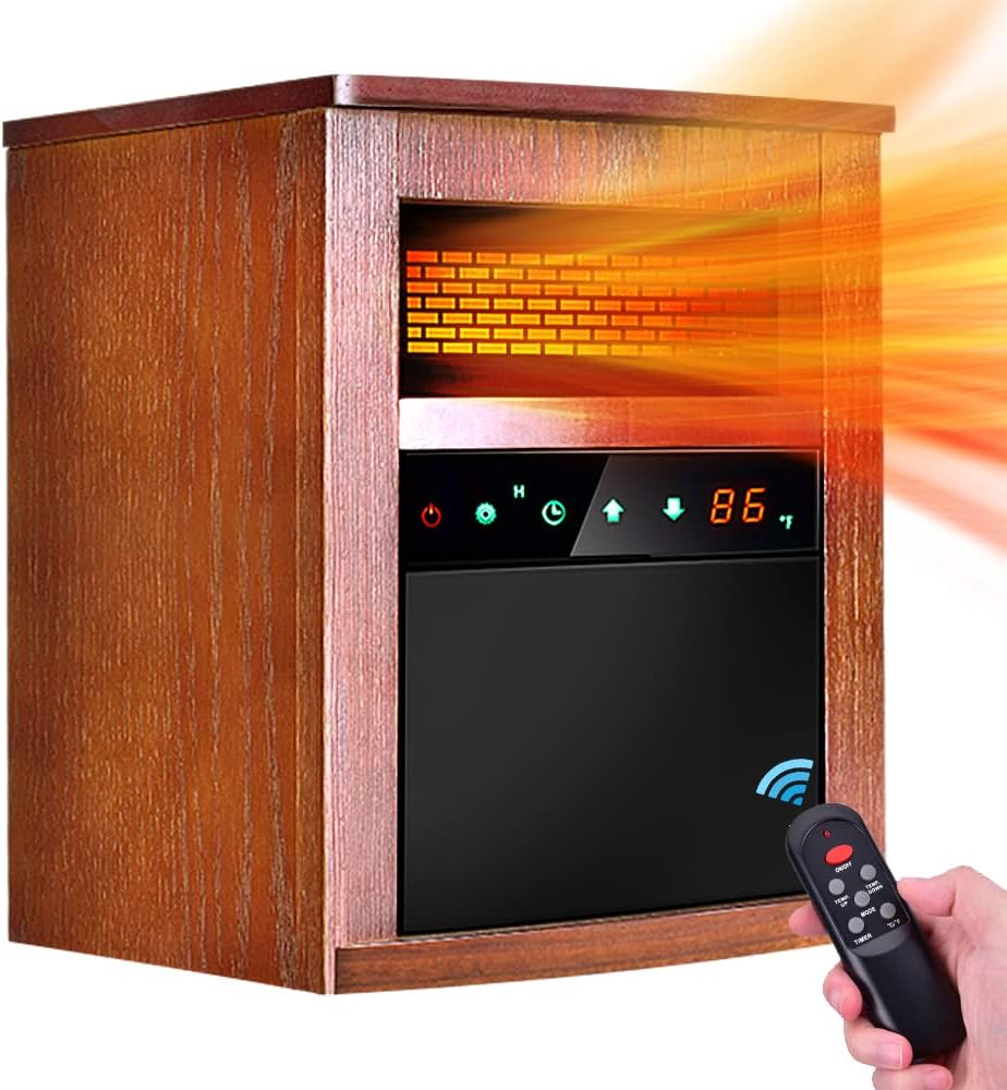 Electric Space Heater, 1500W Infrared Heater with 3 Heat Modes, Remote Control and 12 hours Timer, Space Heater for Large Room with Overheat and Tip-Over Shut Off Protection, Wood Cabinet Space Heater，Dark walnut
