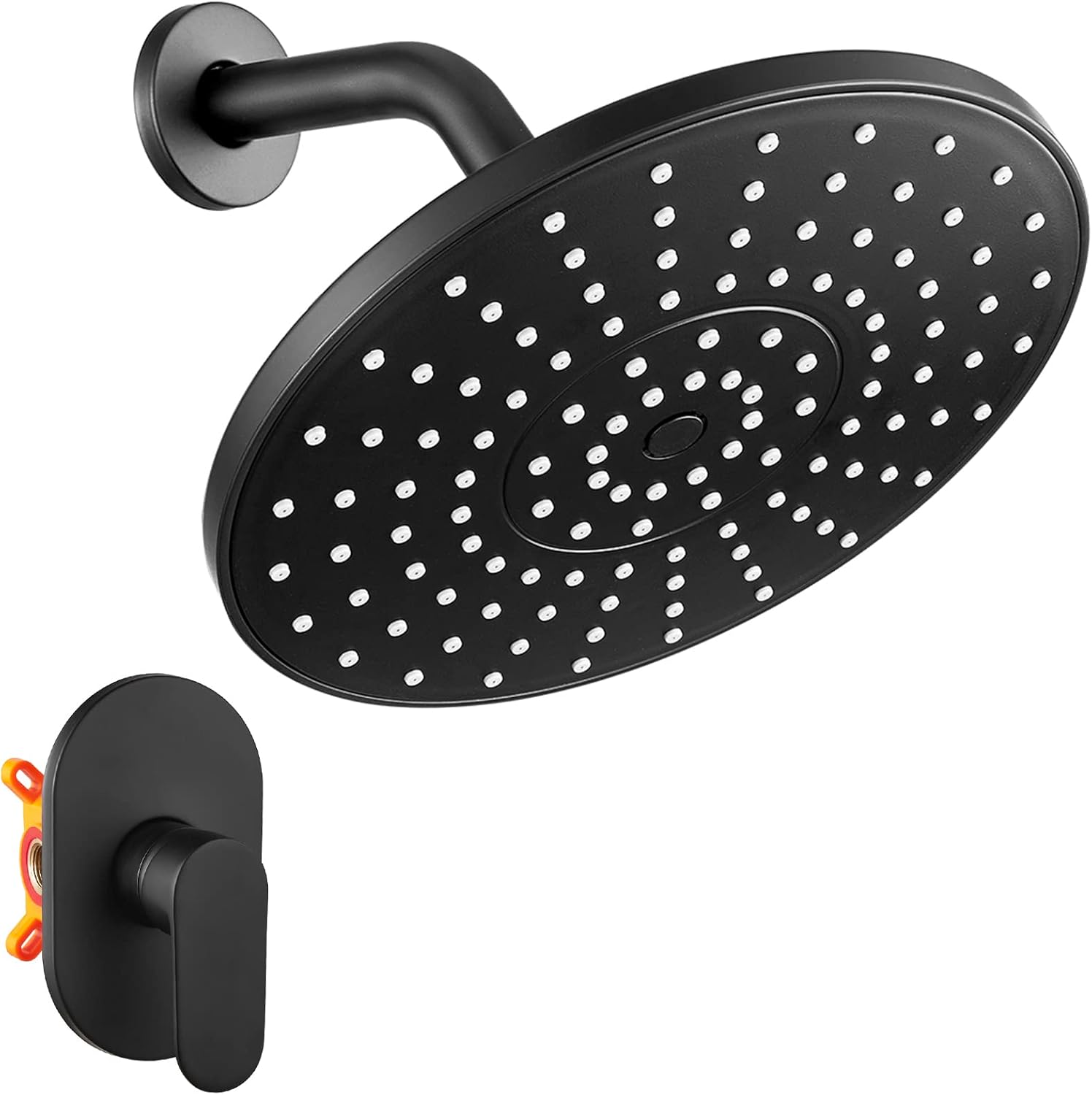 POKIM Black Shower Faucet Set - Bathroom Showerhead 1/2''NPT Plumbing System Trim Kit with Brass Rough-in Valve, 9.5'' Rainfall Recessed Shower Head Matte Single Lever Control Showerspas