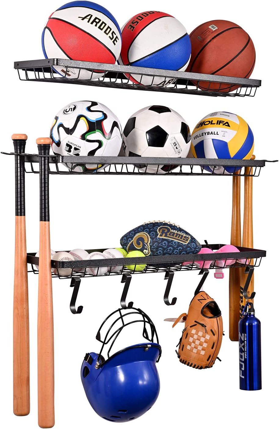 Mythinglogic Sports Equipment Storage Rack,Wall Mount Ball Storage Racks for Garage, 3 Separate Ball Storage Organizer for Basketball, with Hooks Pack of 2