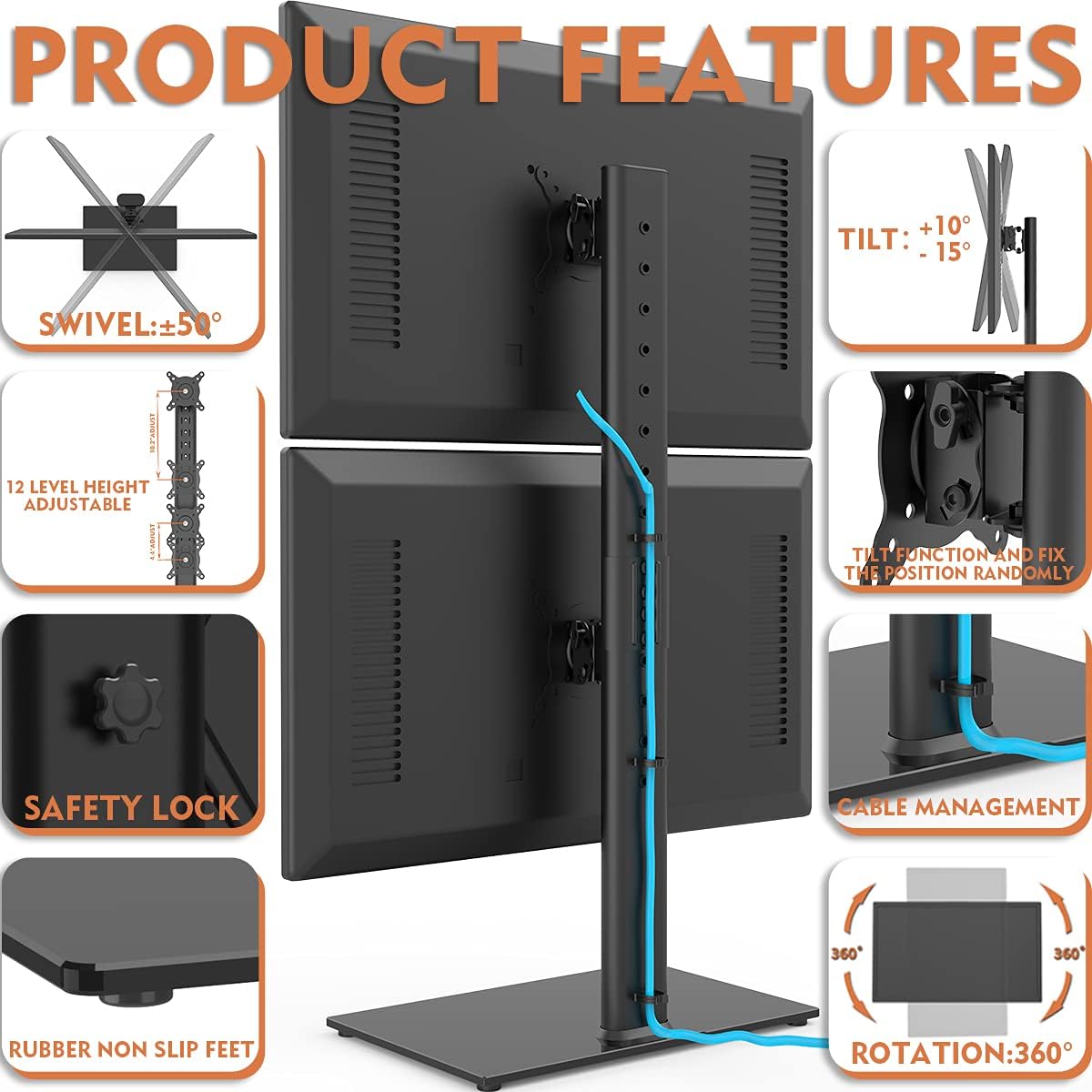 Dual Monitor Stand - Vertical Stack Screen Free-Standing Monitor Riser Fits Two 13 to 34 Inch Screen with Swivel, Tilt, Height Adjustable, Holds One (1) Screen up to 44Lbs HT05B-002 Pack of 2