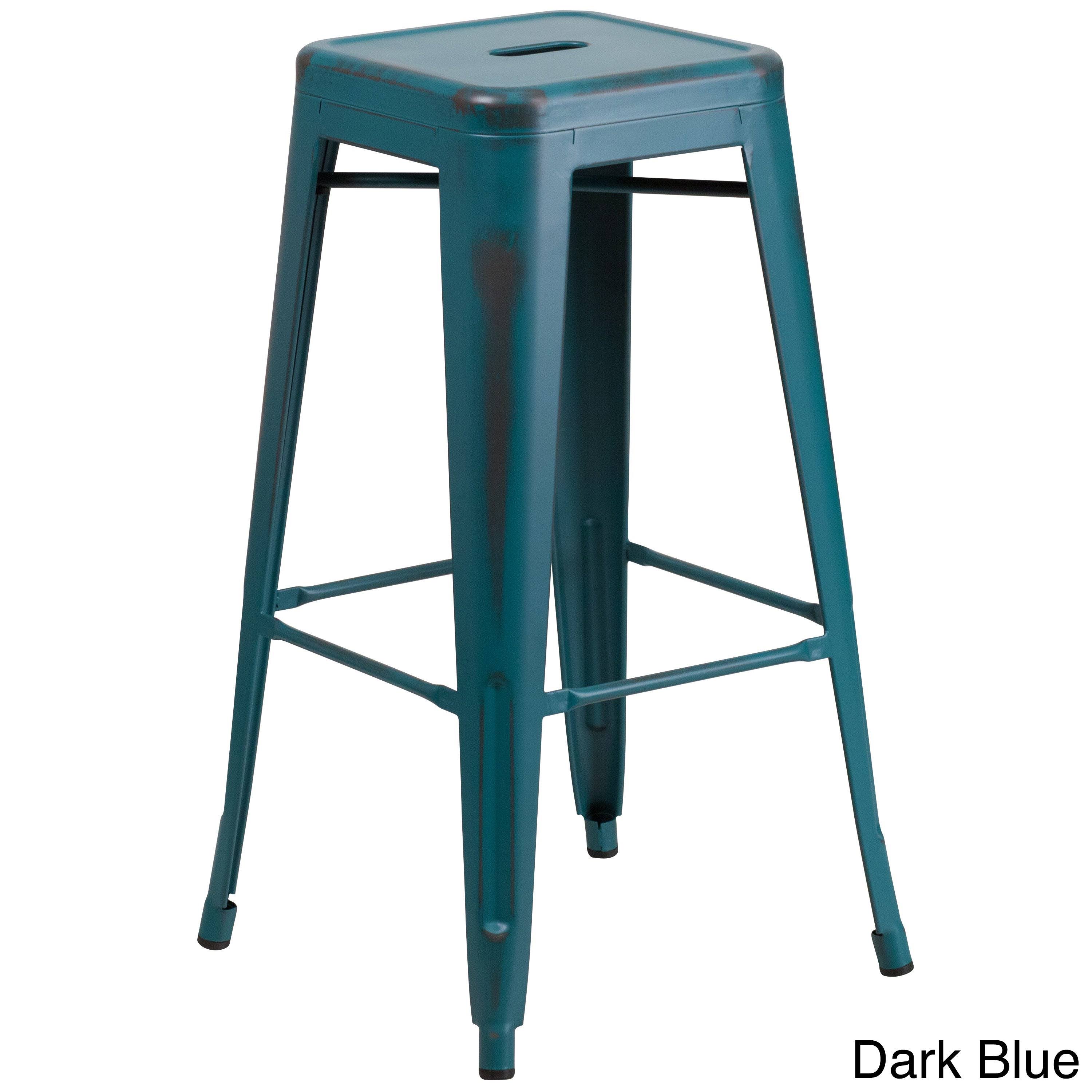 30-Inch High Backless Distressed Metal Indoor/ Outdoor Barstool - 17x22W x 17x22D x 30x22H - Kelly Blue-Teal